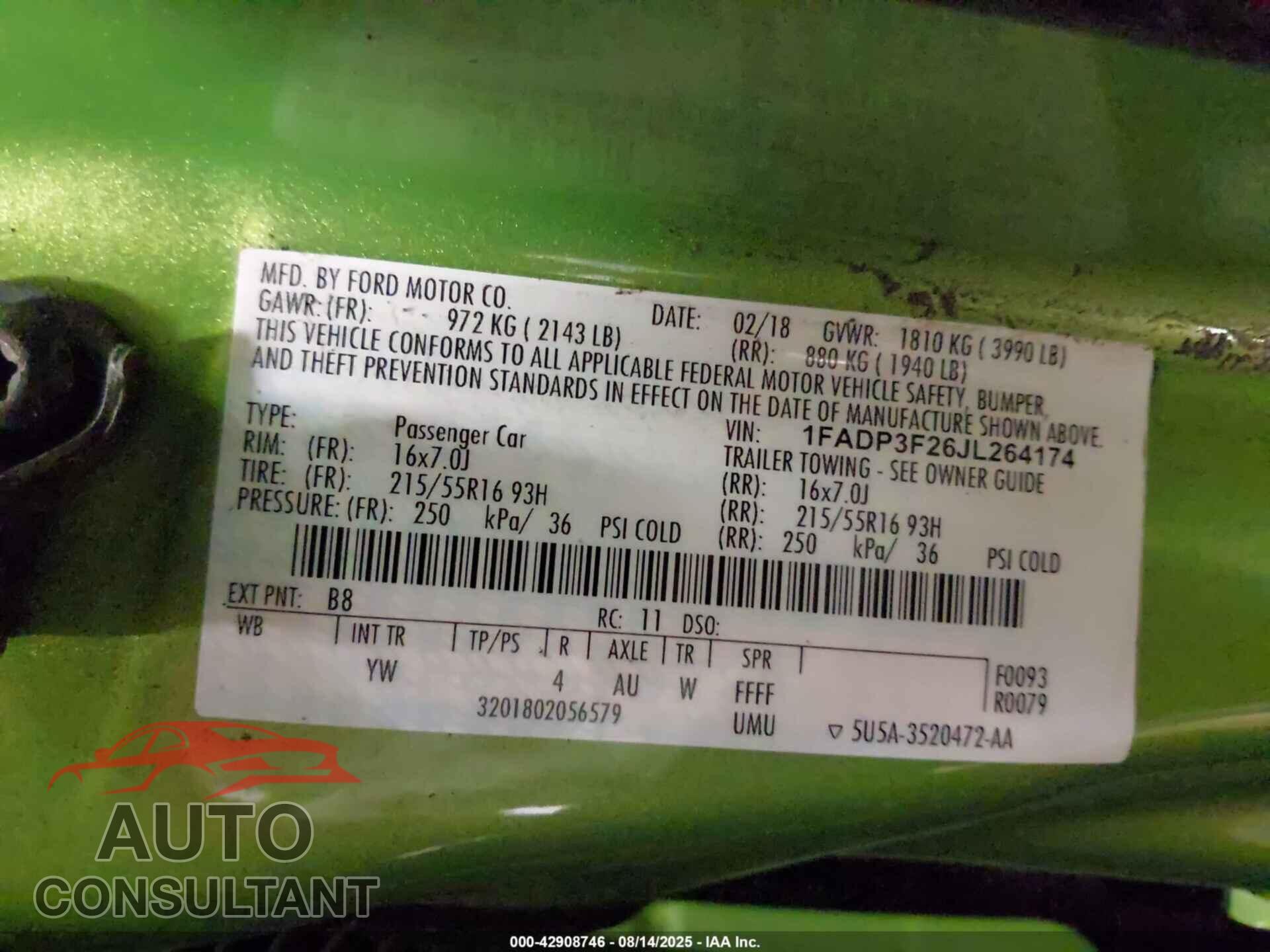 FORD FOCUS 2018 - 1FADP3F26JL264174