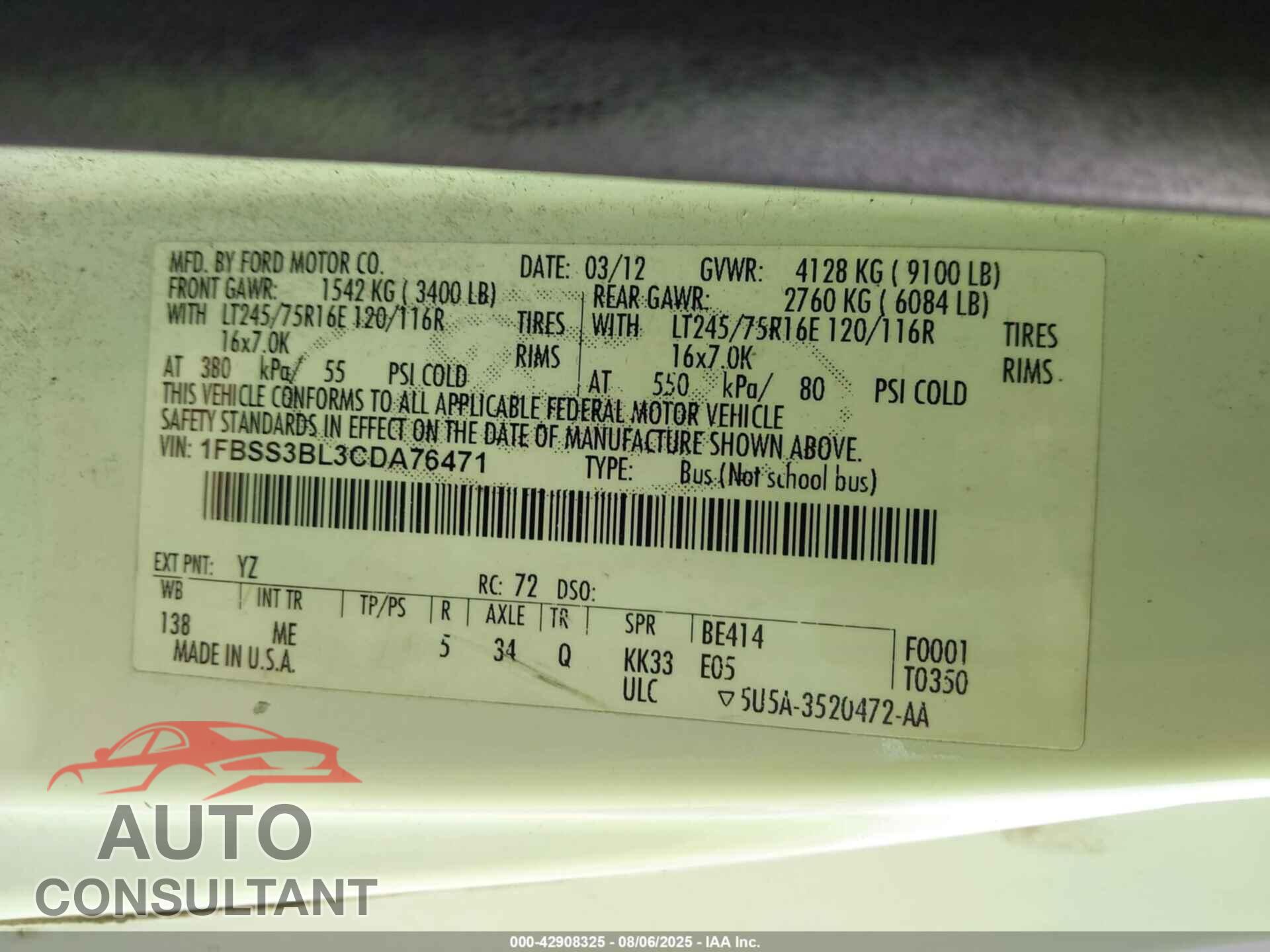 FORD E-350 SUPER DUTY 2012 - 1FBSS3BL3CDA76471