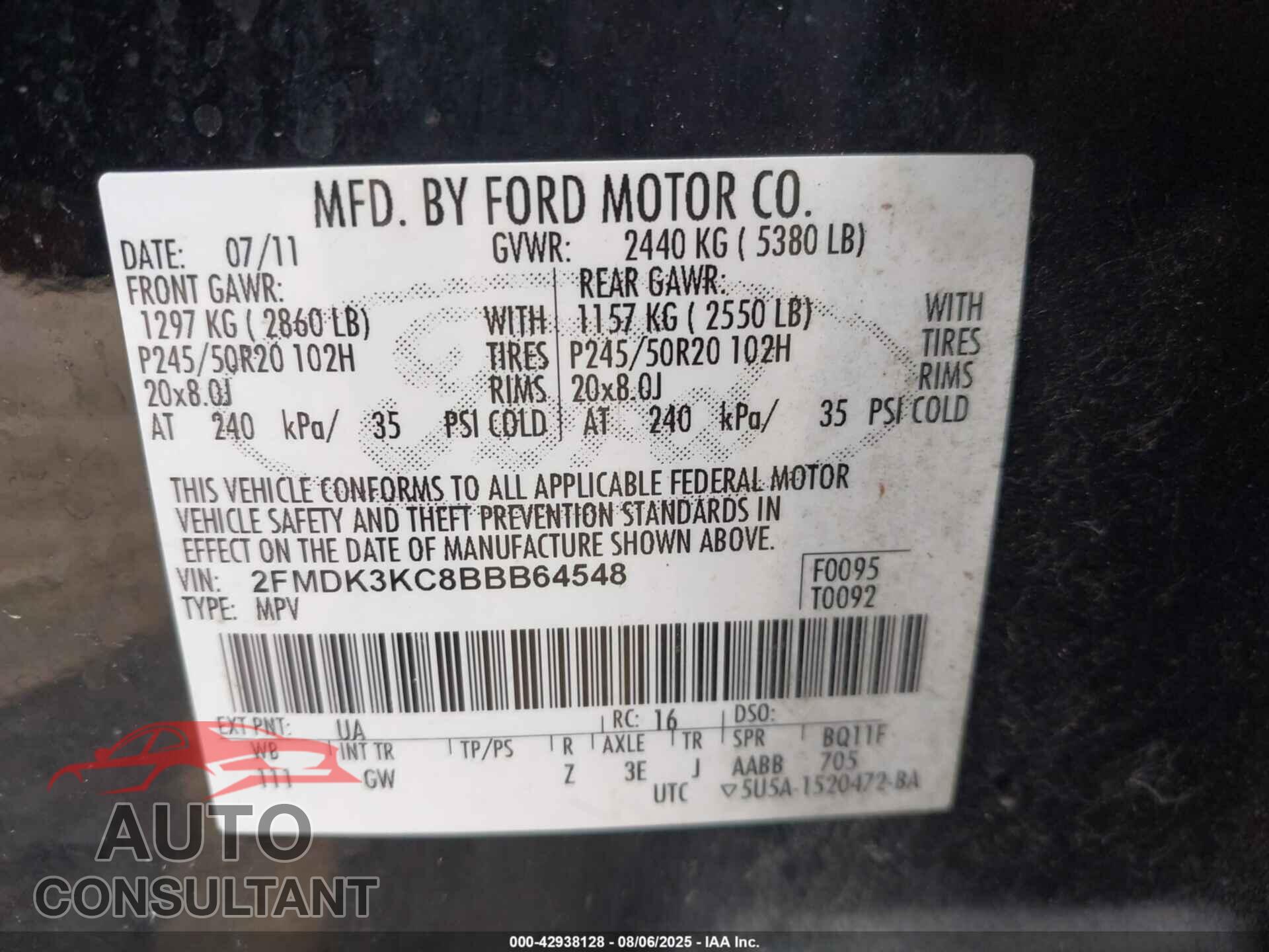 FORD EDGE 2011 - 2FMDK3KC8BBB64548