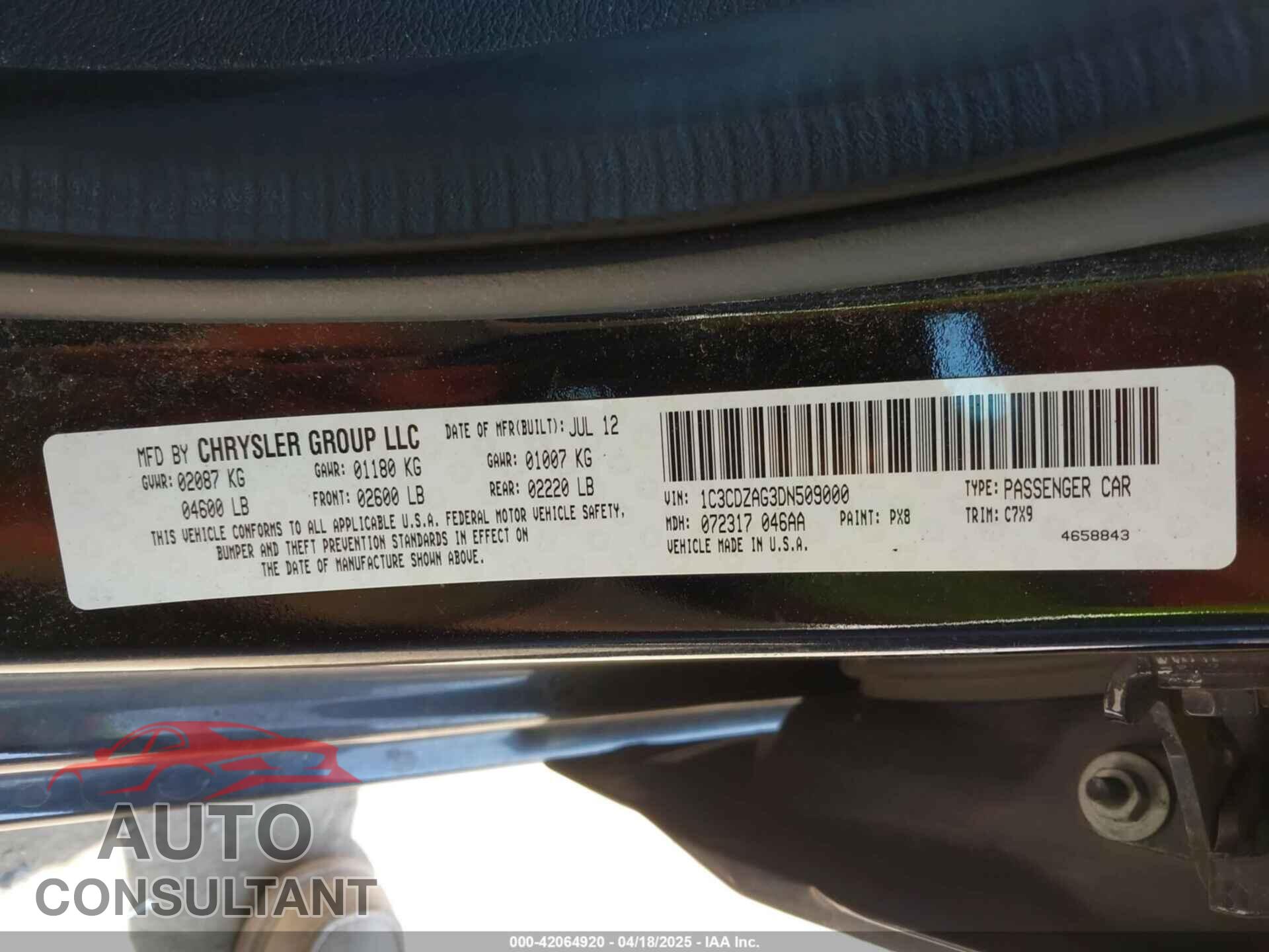 DODGE AVENGER 2013 - 1C3CDZAG3DN509000