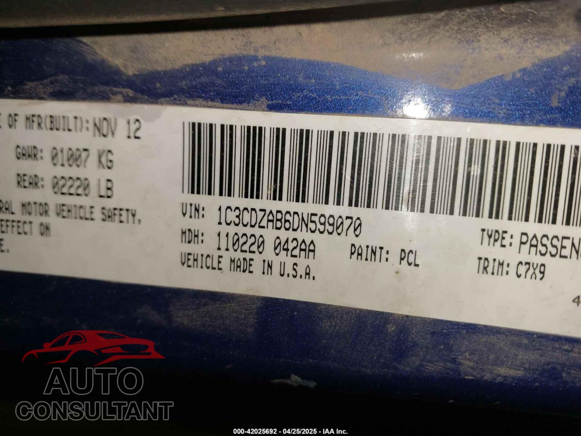 DODGE AVENGER 2013 - 1C3CDZAB6DN599070