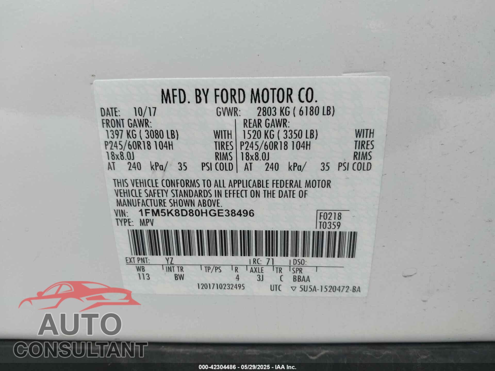 FORD EXPLORER 2017 - 1FM5K8D80HGE38496
