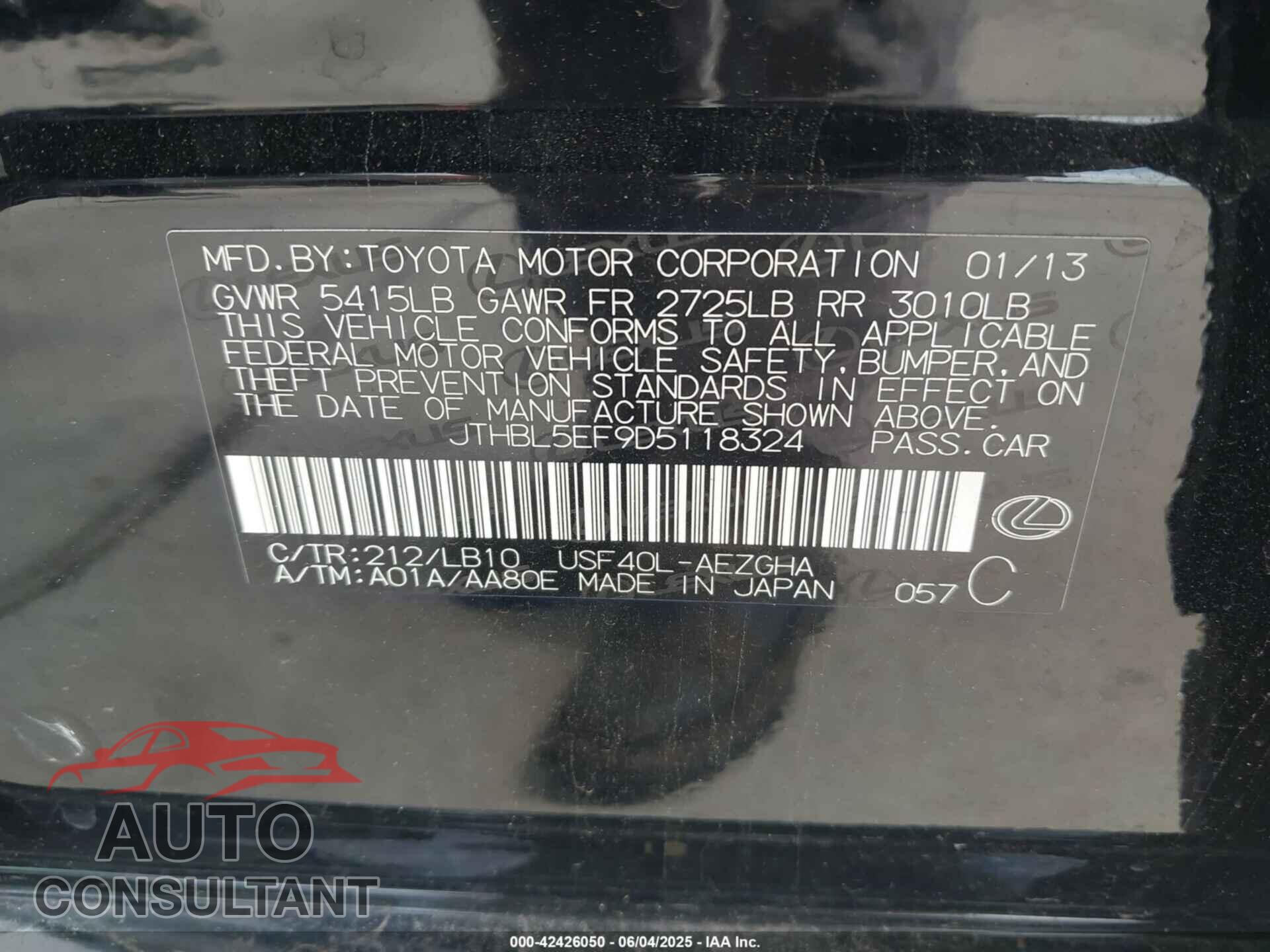 LEXUS LS 460 2013 - JTHBL5EF9D5118324