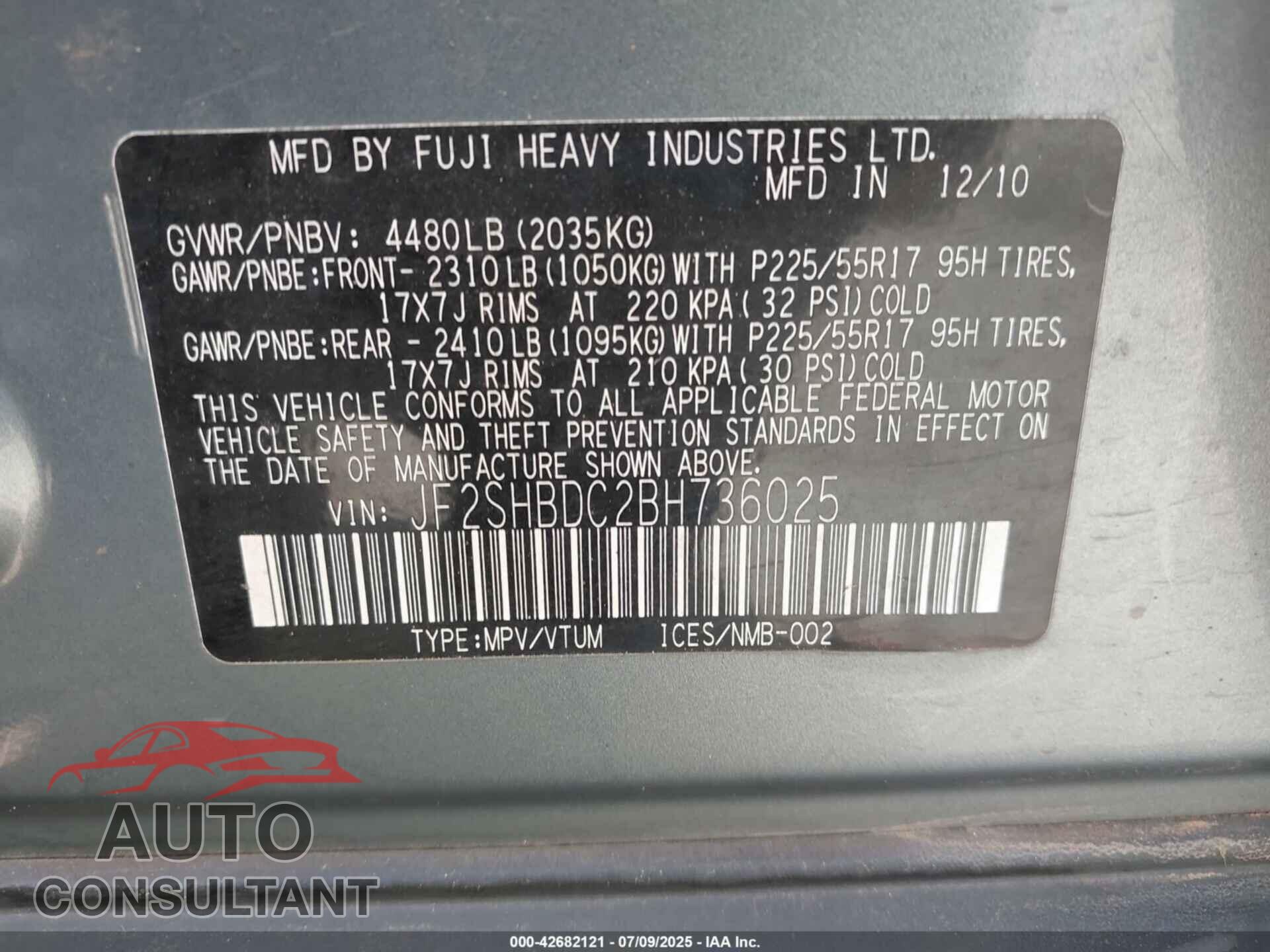 SUBARU FORESTER 2011 - JF2SHBDC2BH736025