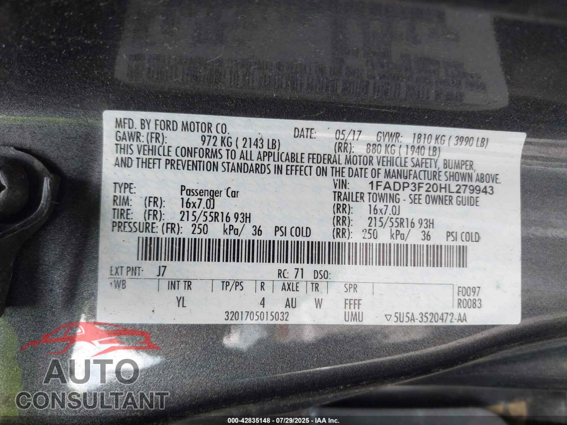 FORD FOCUS 2017 - 1FADP3F20HL279943