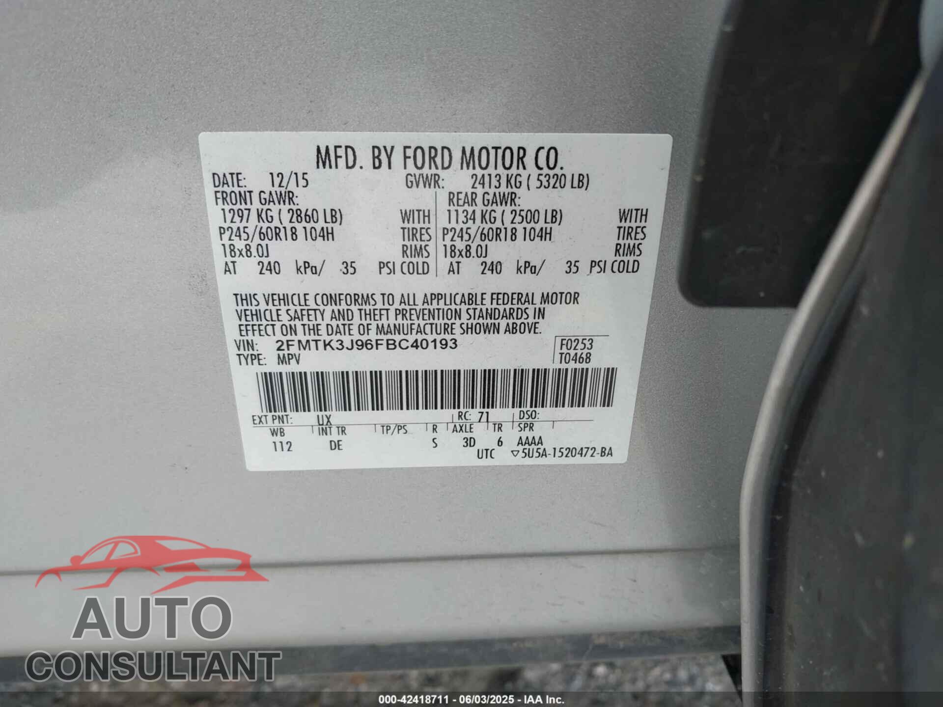 FORD EDGE 2015 - 2FMTK3J96FBC40193