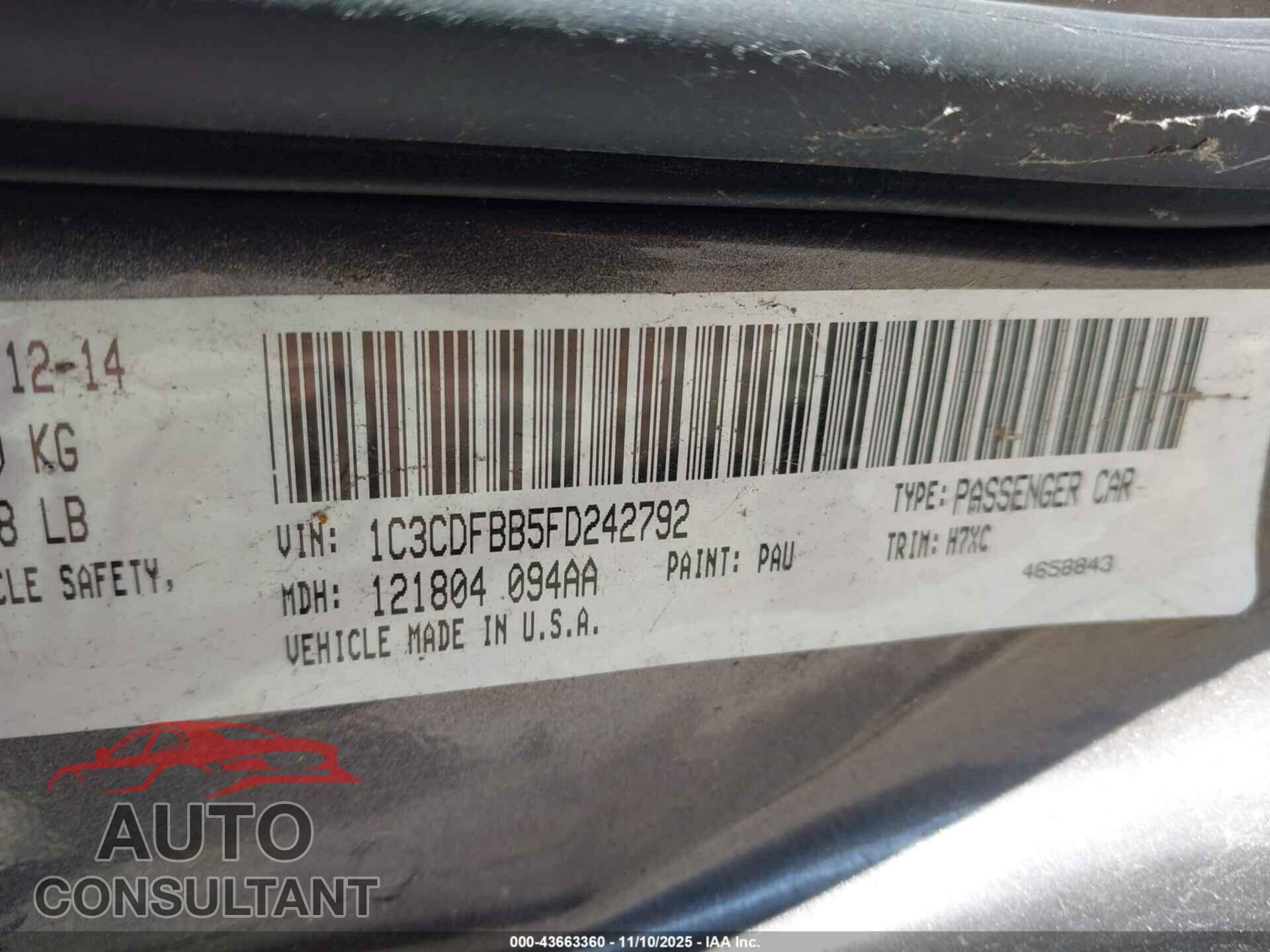 DODGE DART 2015 - 1C3CDFBB5FD242792