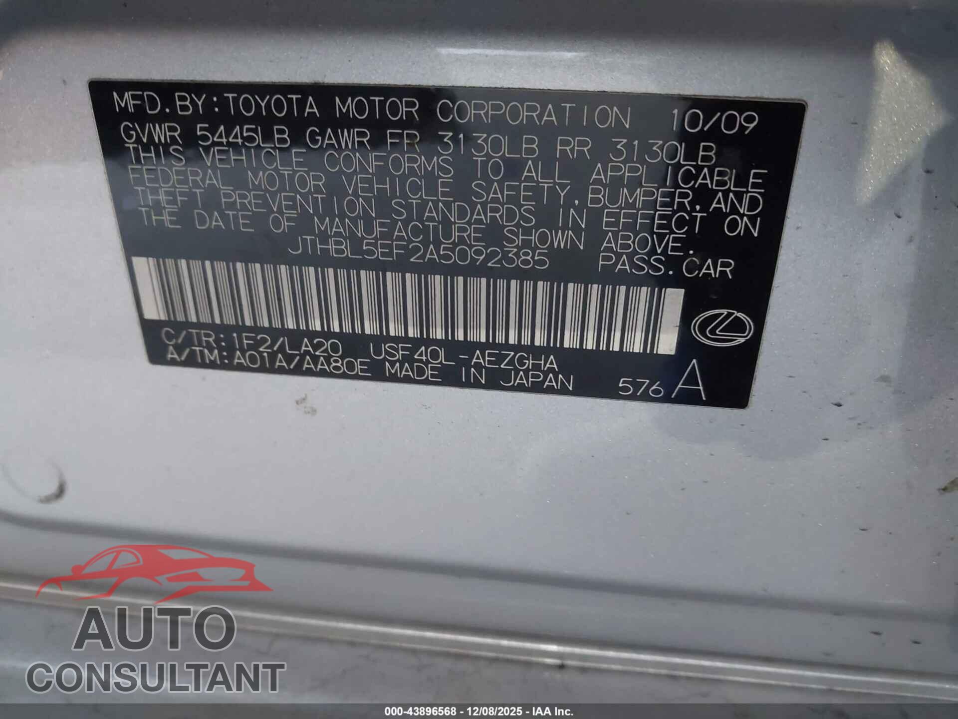 LEXUS LS 460 2010 - JTHBL5EF2A5092385