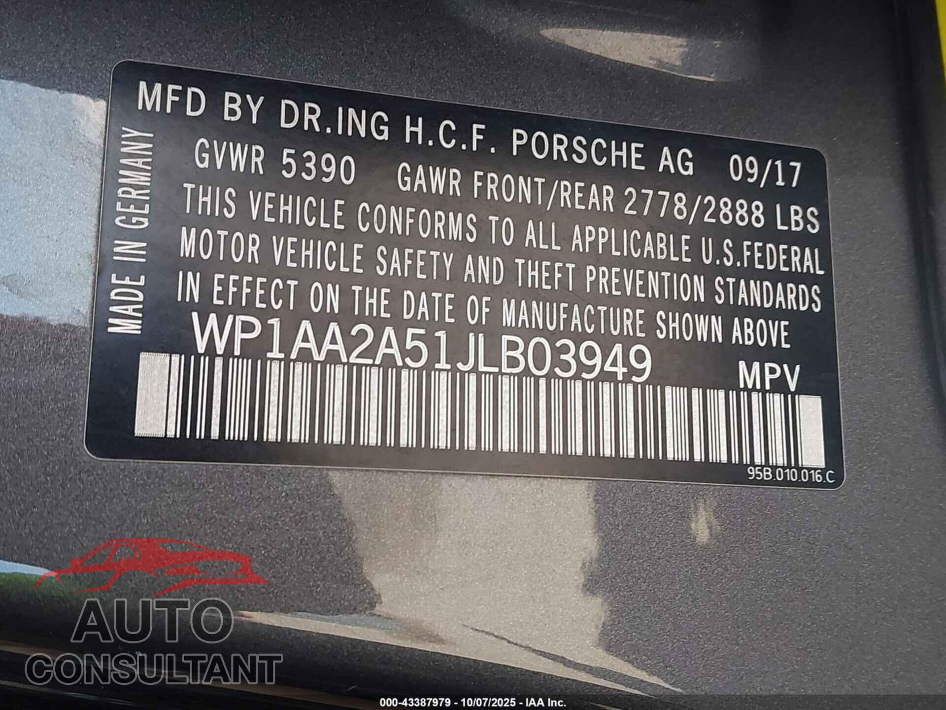 PORSCHE MACAN 2018 - WP1AA2A51JLB03949