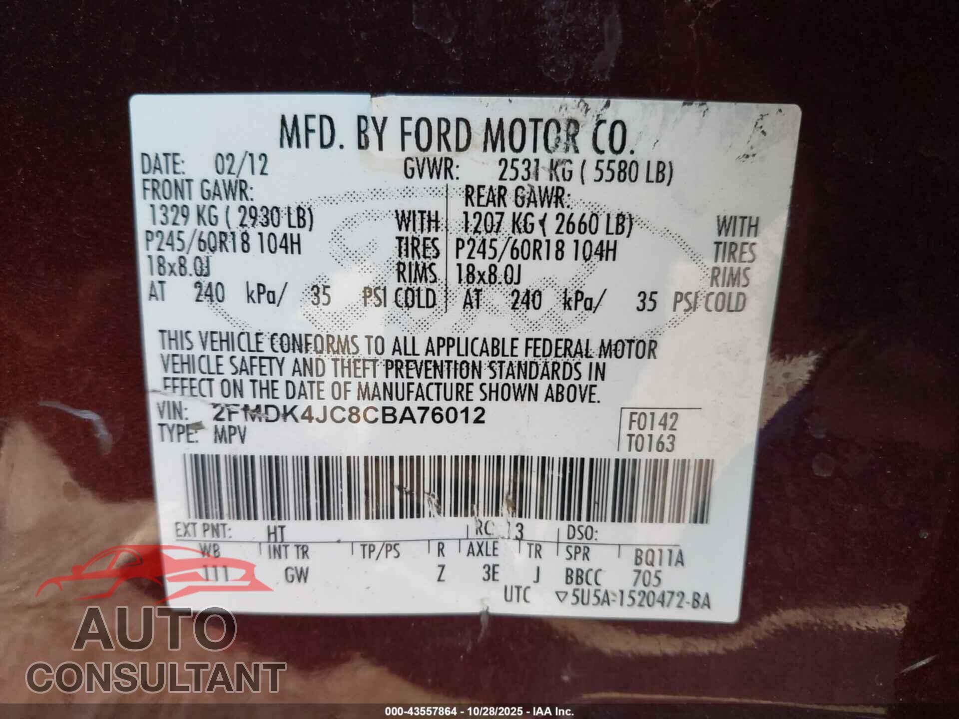 FORD EDGE 2012 - 2FMDK4JC8CBA76012