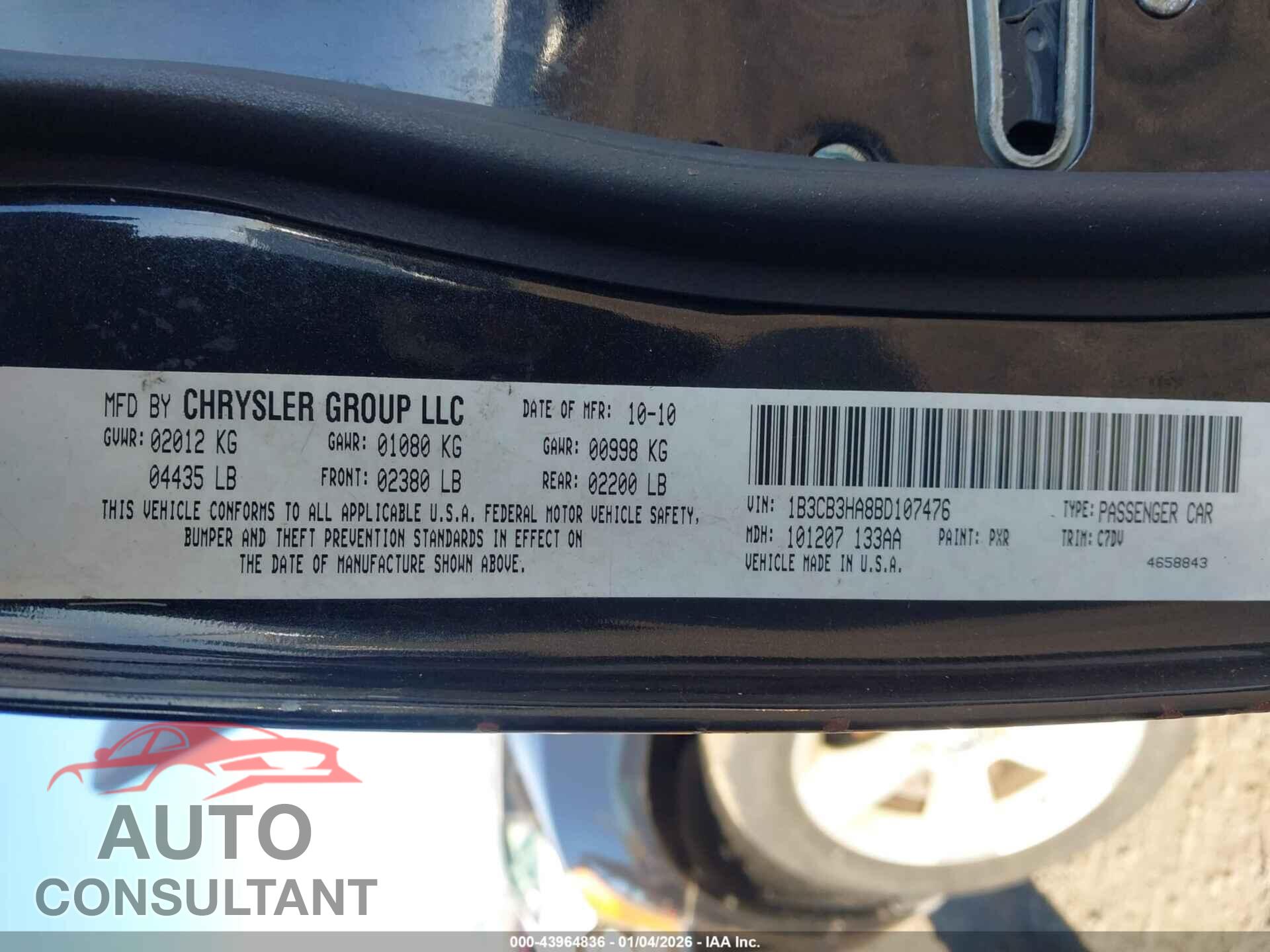 DODGE CALIBER 2011 - 1B3CB3HA8BD107476