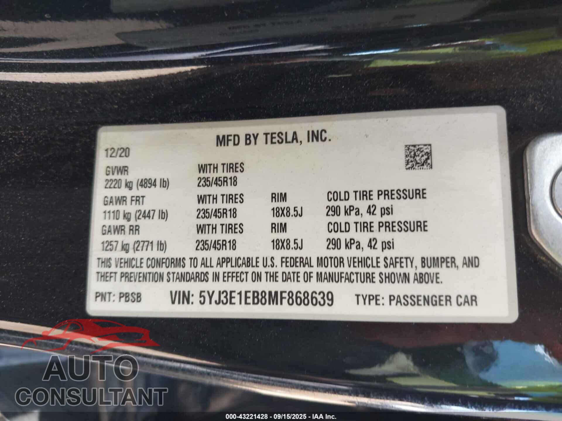 TESLA MODEL 3 2021 - 5YJ3E1EB8MF868639