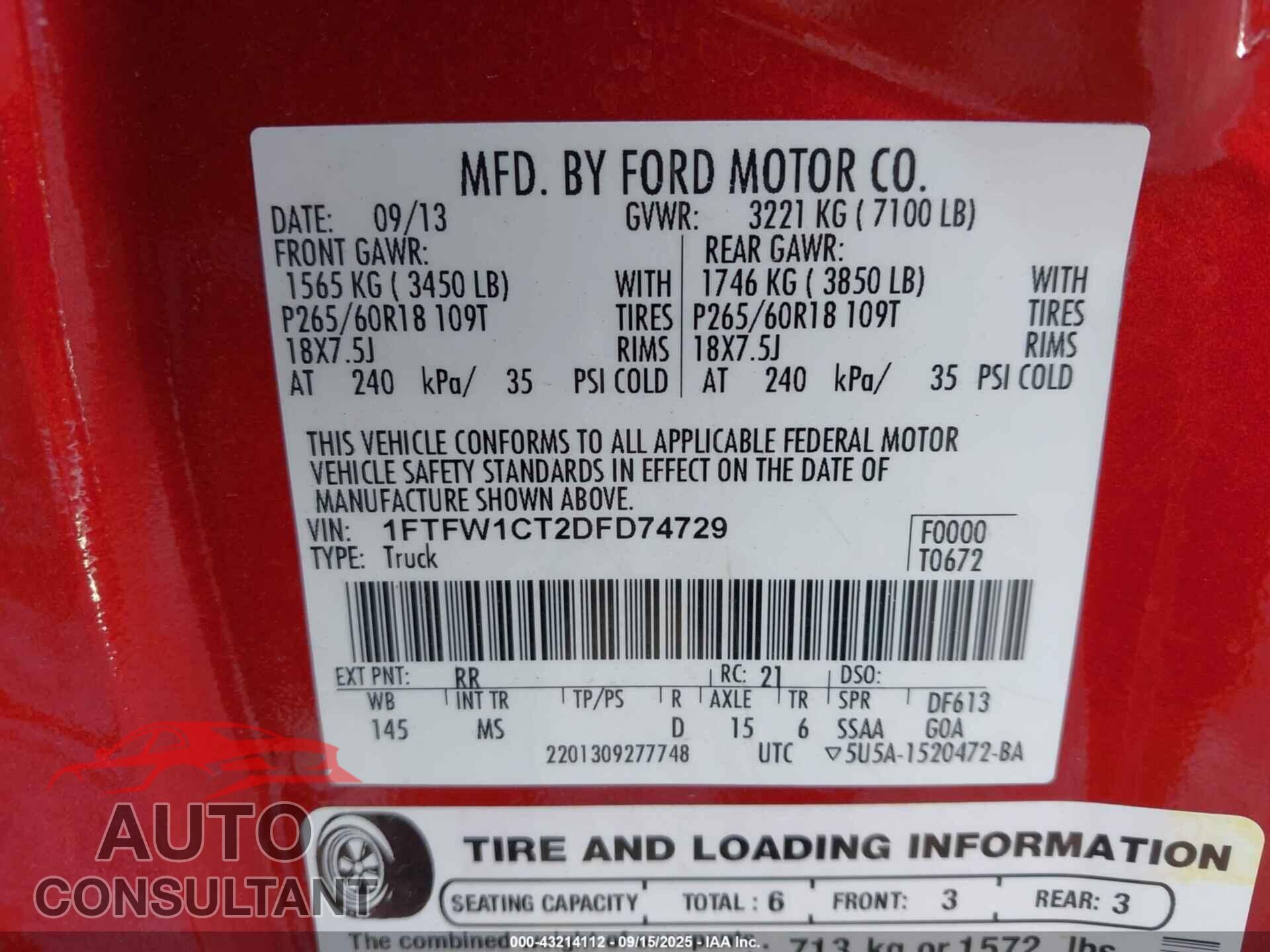 FORD F-150 2013 - 1FTFW1CT2DFD74729