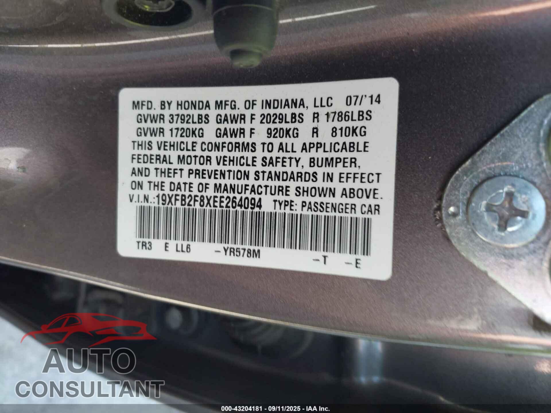 HONDA CIVIC 2014 - 19XFB2F8XEE264094
