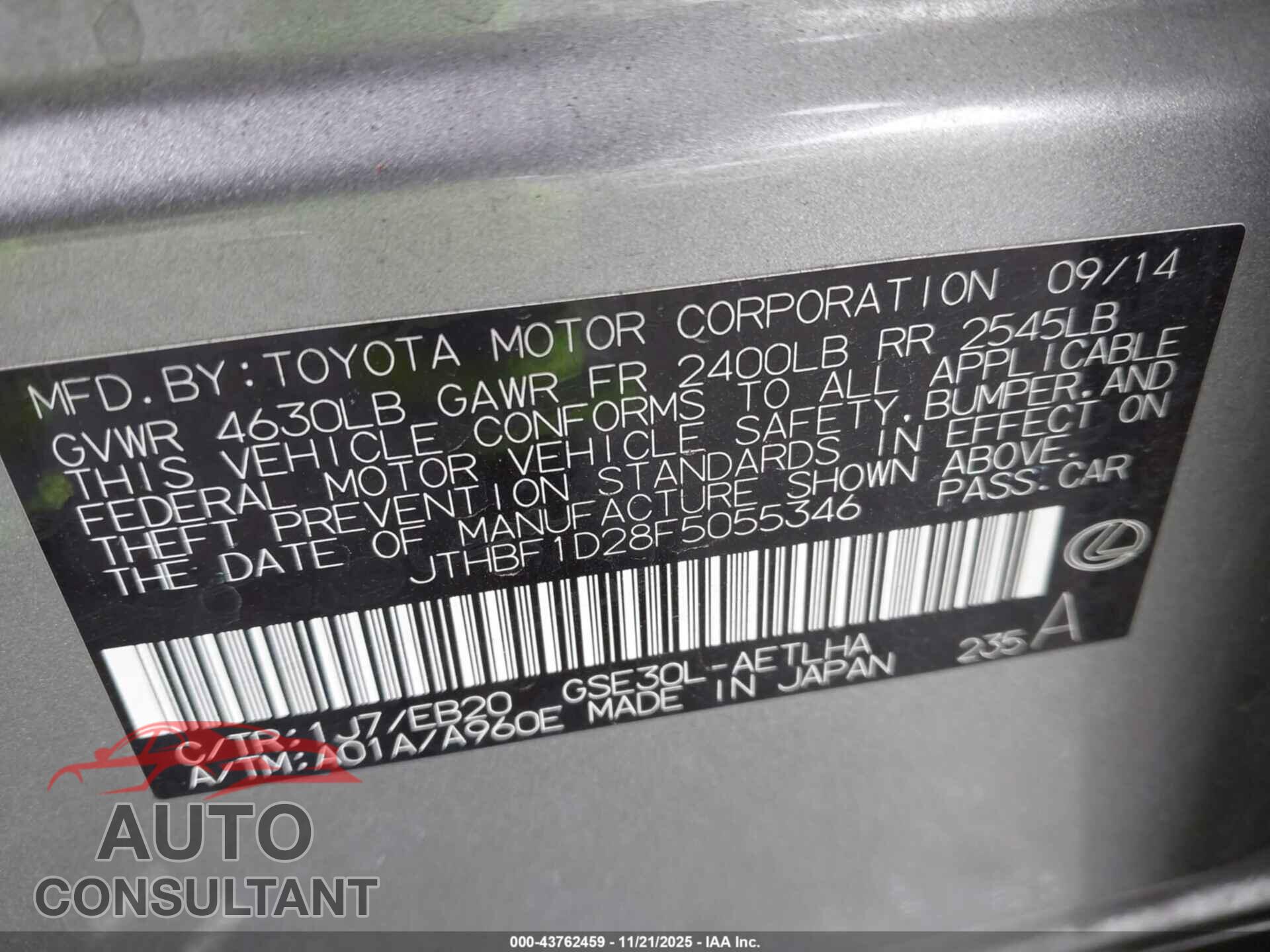 LEXUS IS 250 2015 - JTHBF1D28F5055346