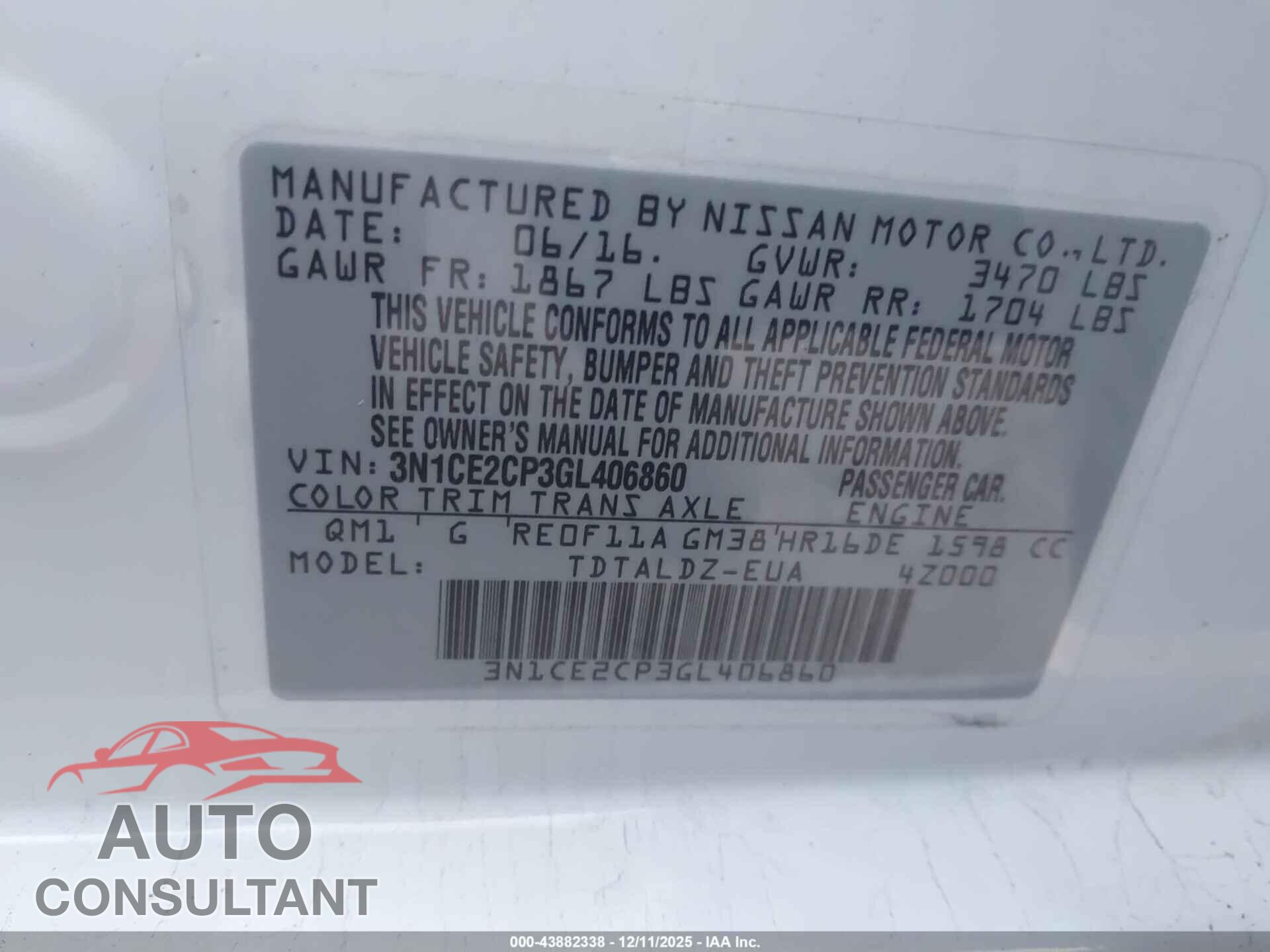 NISSAN VERSA NOTE 2016 - 3N1CE2CP3GL406860