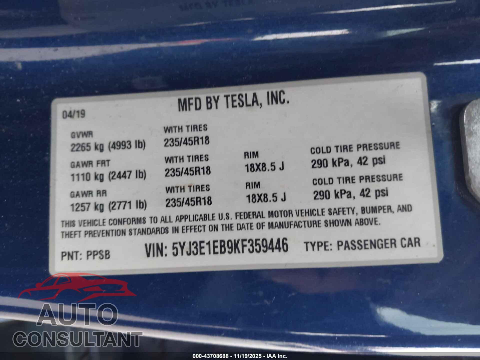 TESLA MODEL 3 2019 - 5YJ3E1EB9KF359446