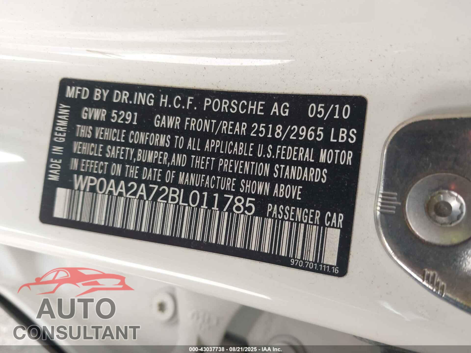 PORSCHE PANAMERA 2011 - WP0AA2A72BL011785