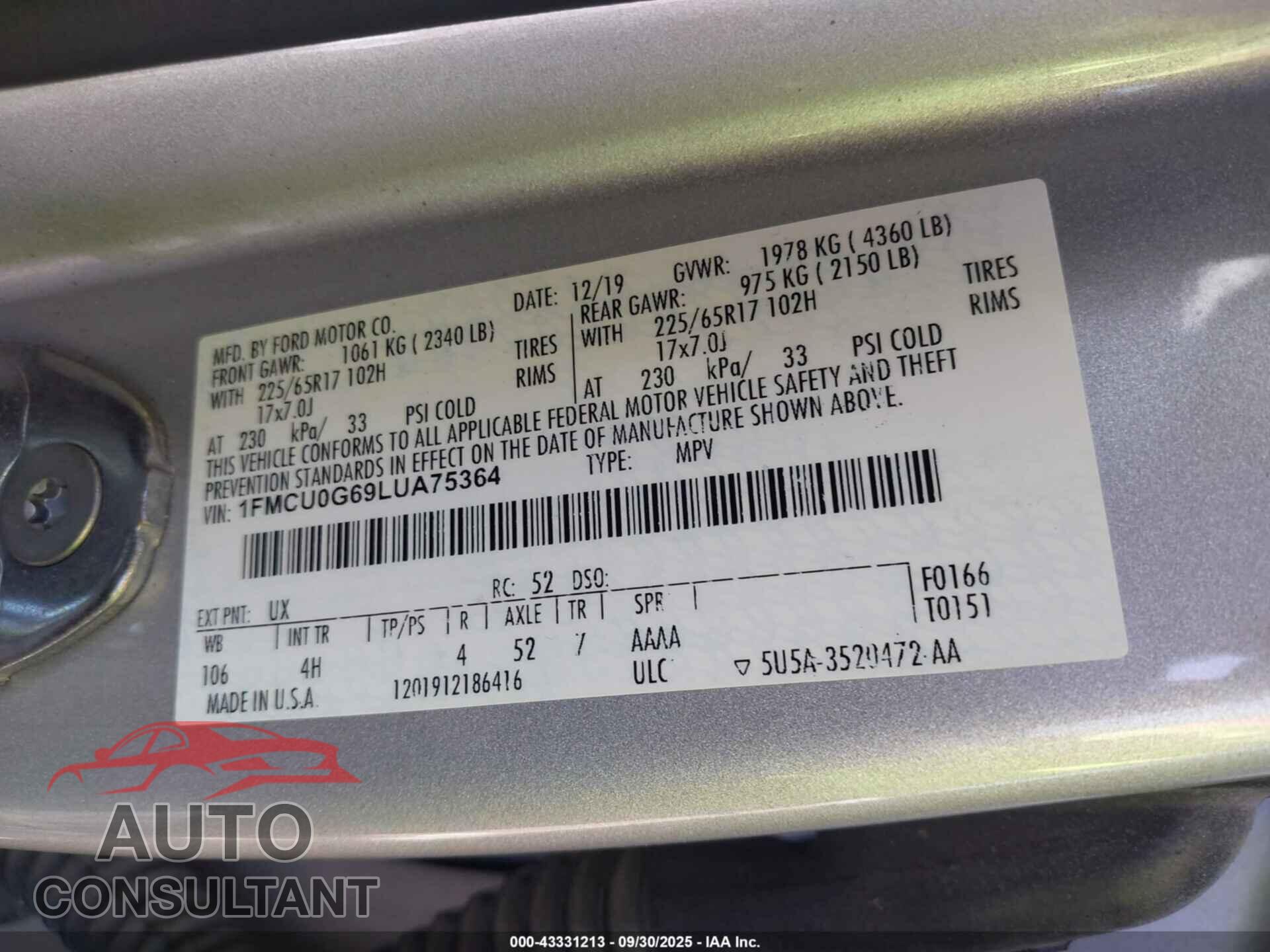 FORD ESCAPE 2020 - 1FMCU0G69LUA75364