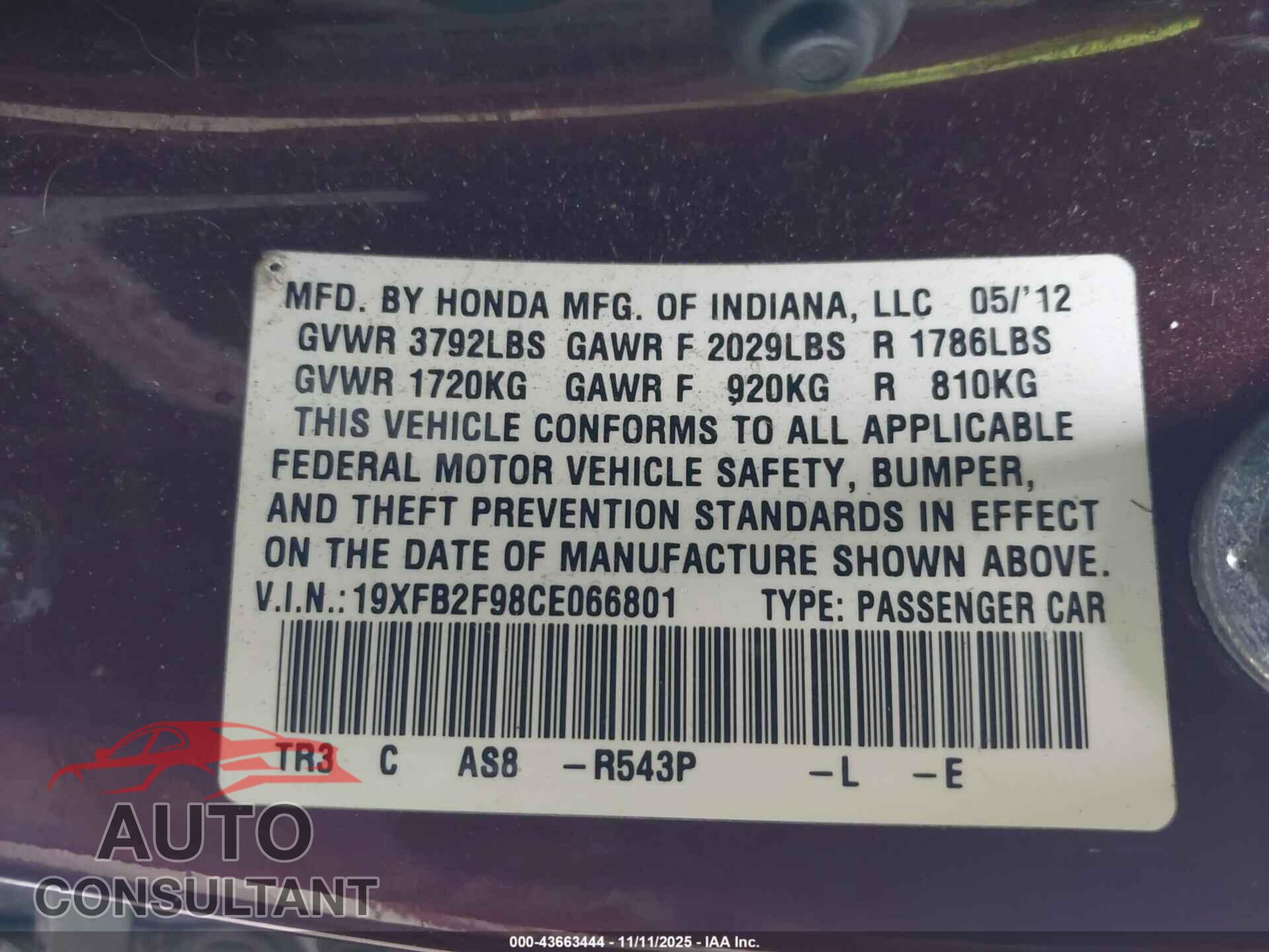 HONDA CIVIC 2012 - 19XFB2F98CE066801