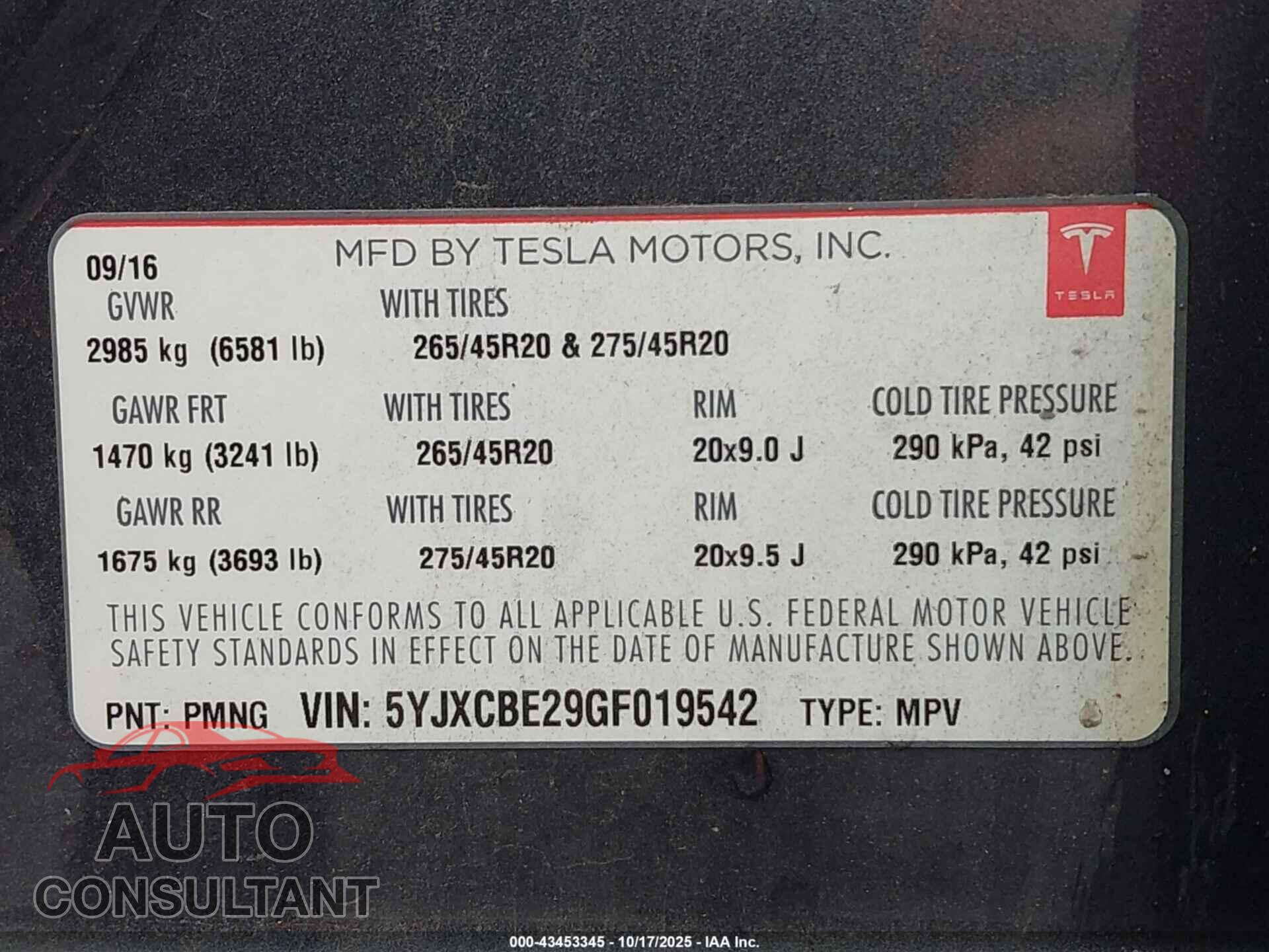 TESLA MODEL X 2016 - 5YJXCBE29GF019542