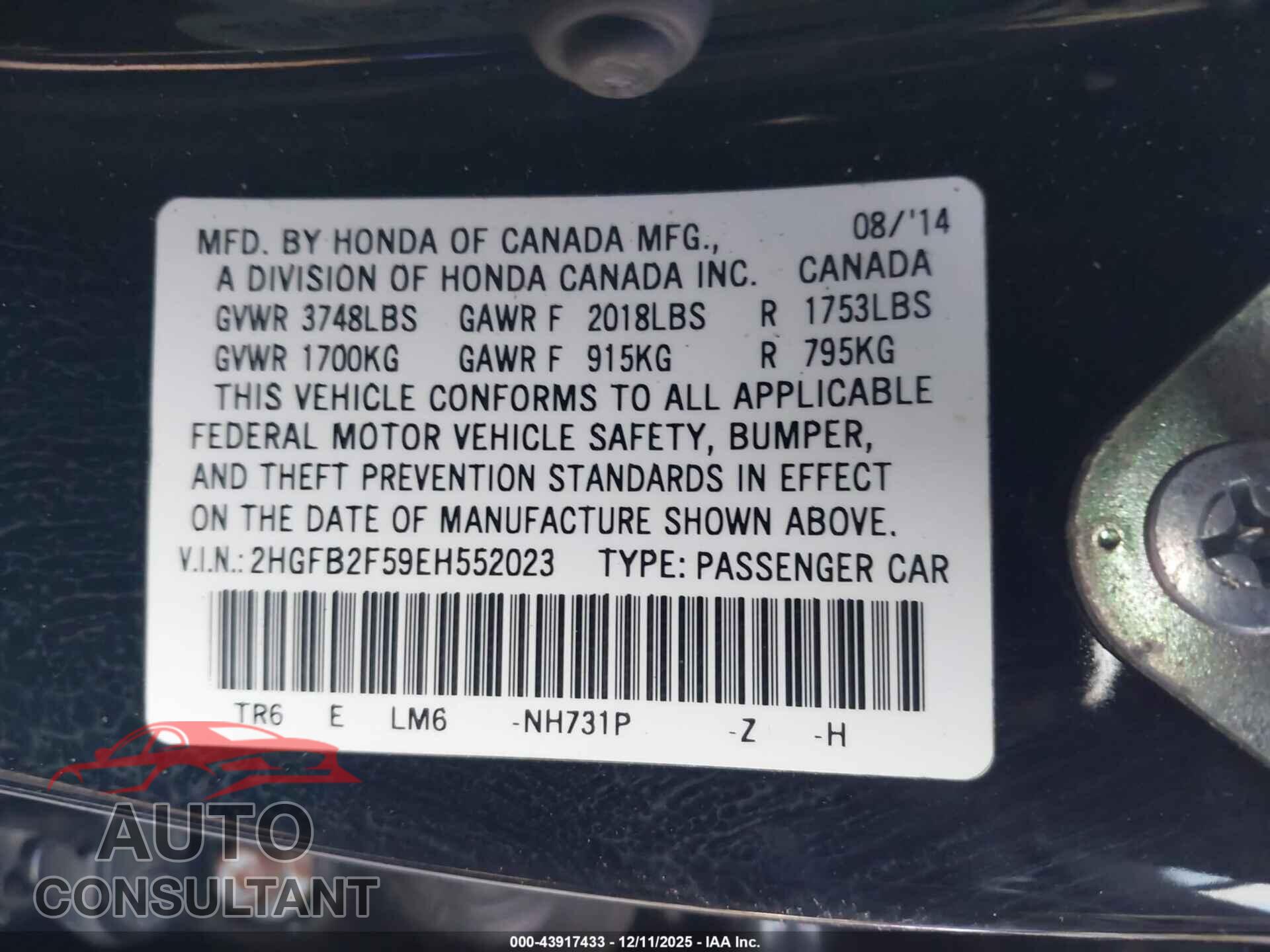 HONDA CIVIC 2014 - 2HGFB2F59EH552023