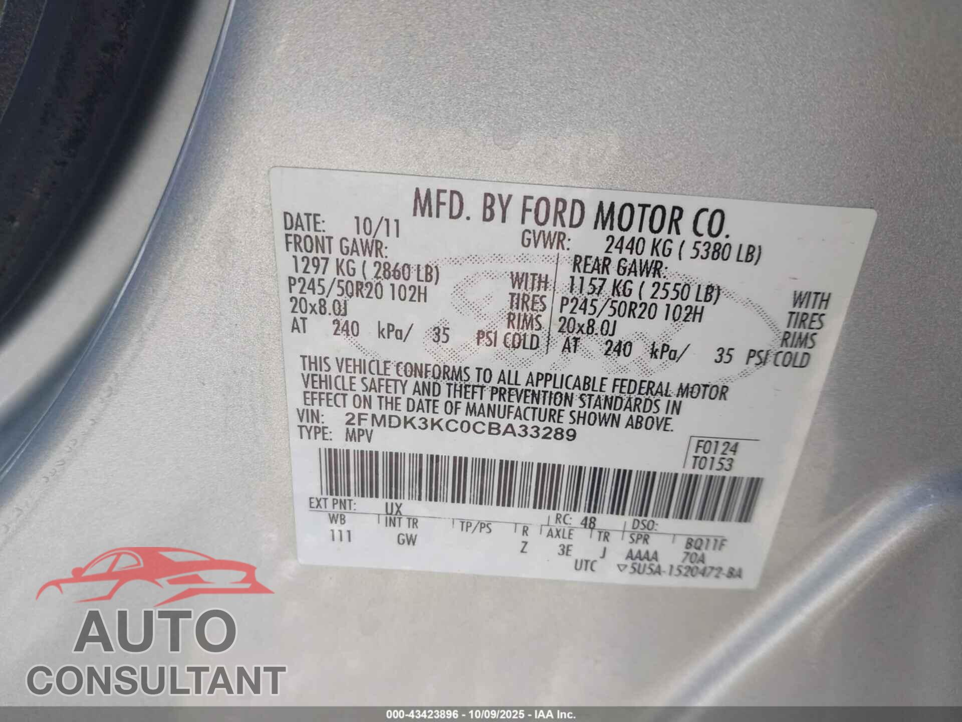 FORD EDGE 2012 - 2FMDK3KC0CBA33289