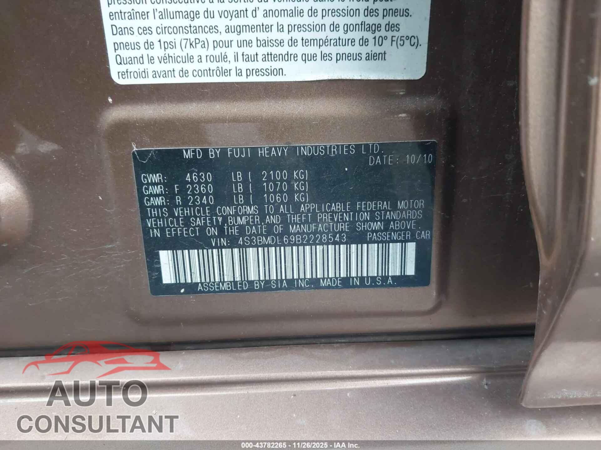 SUBARU LEGACY 2011 - 4S3BMDL69B2228543