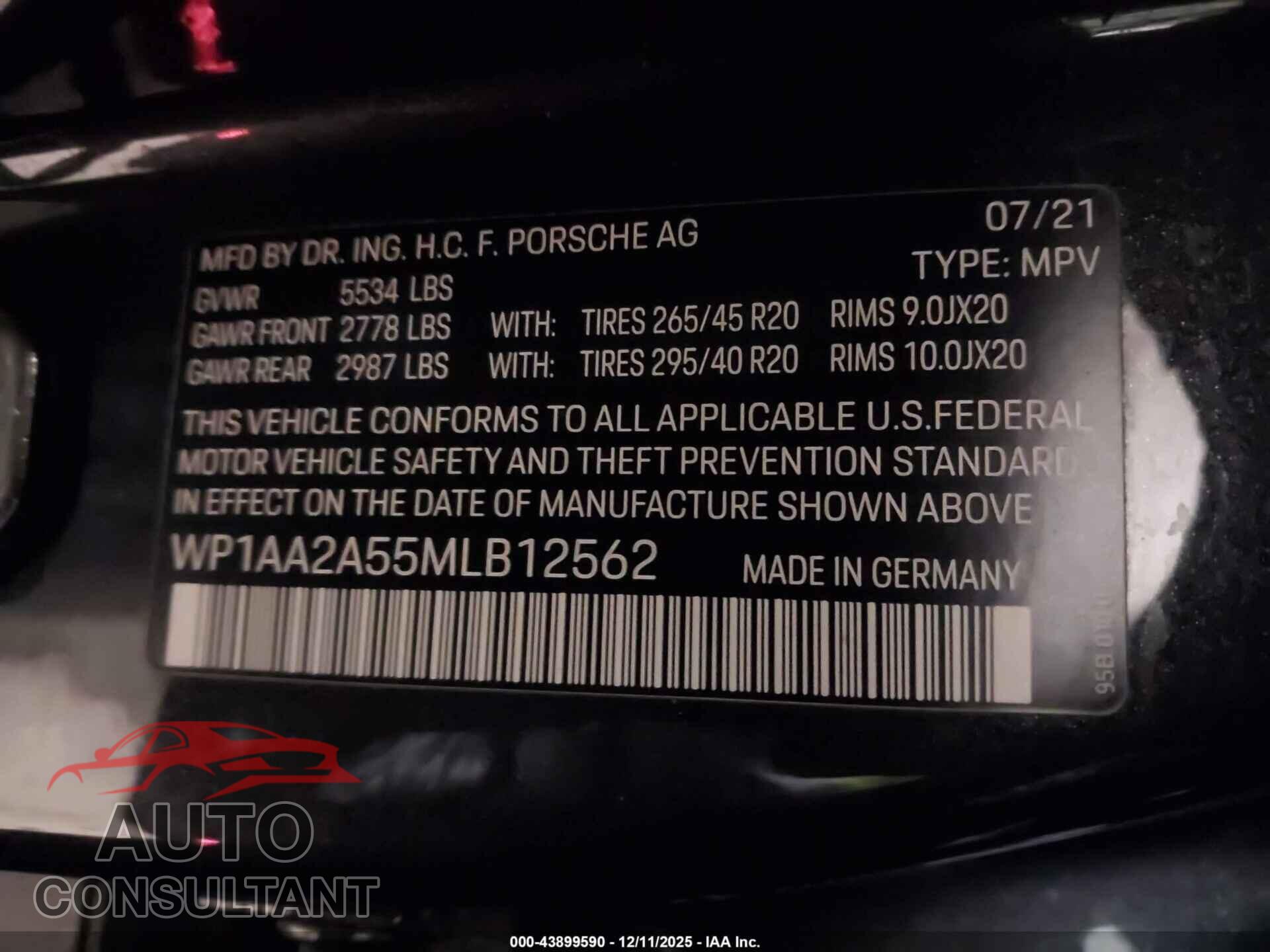 PORSCHE MACAN 2021 - WP1AA2A55MLB12562