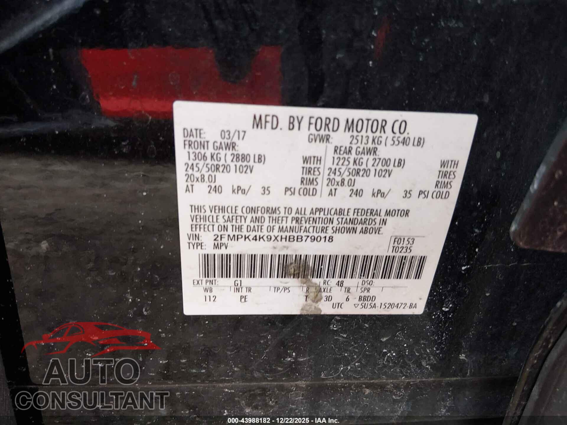 FORD EDGE 2017 - 2FMPK4K9XHBB79018