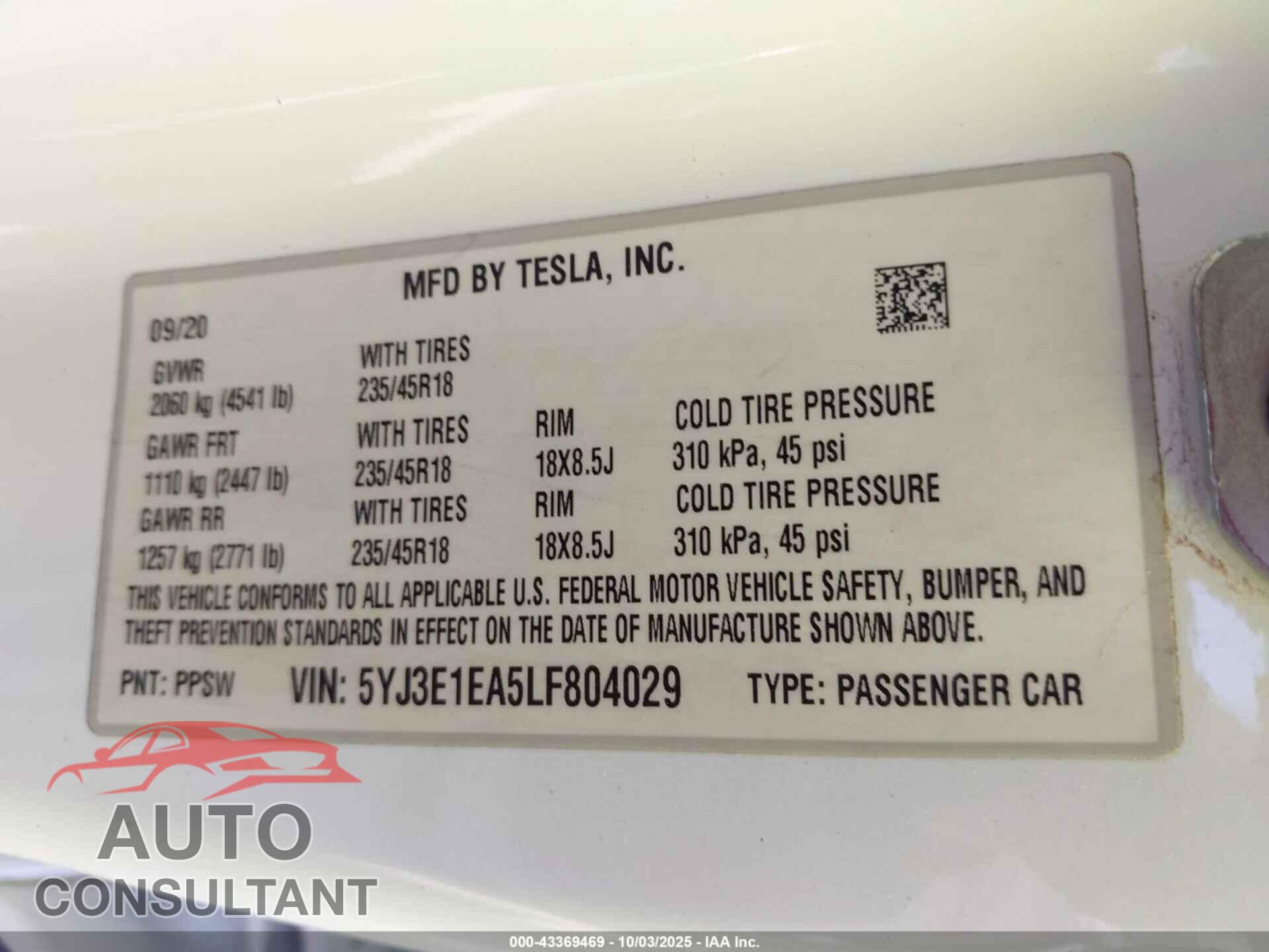 TESLA MODEL 3 2020 - 5YJ3E1EA5LF804029