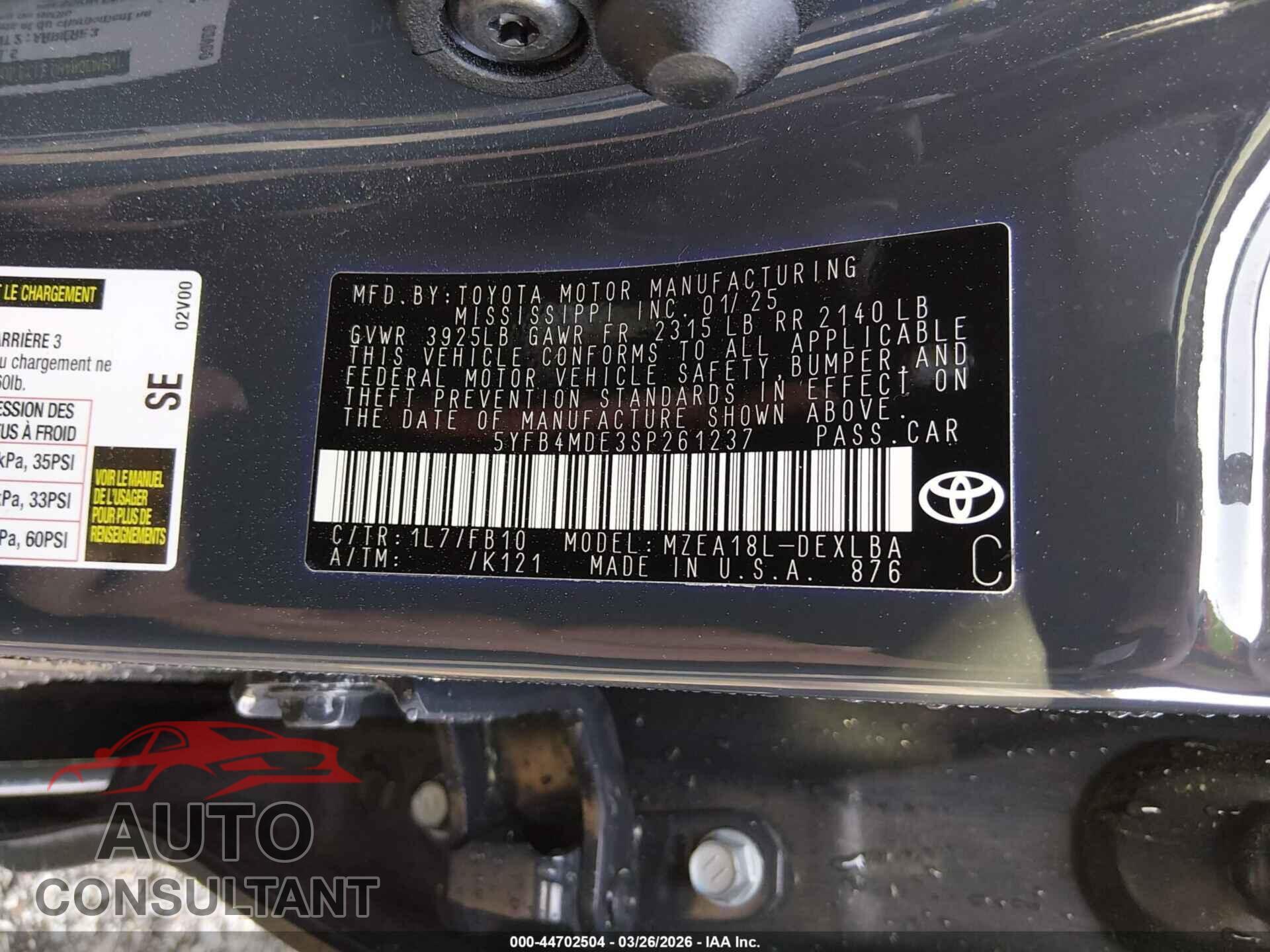 TOYOTA COROLLA 2025 - 5YFB4MDE3SP261237