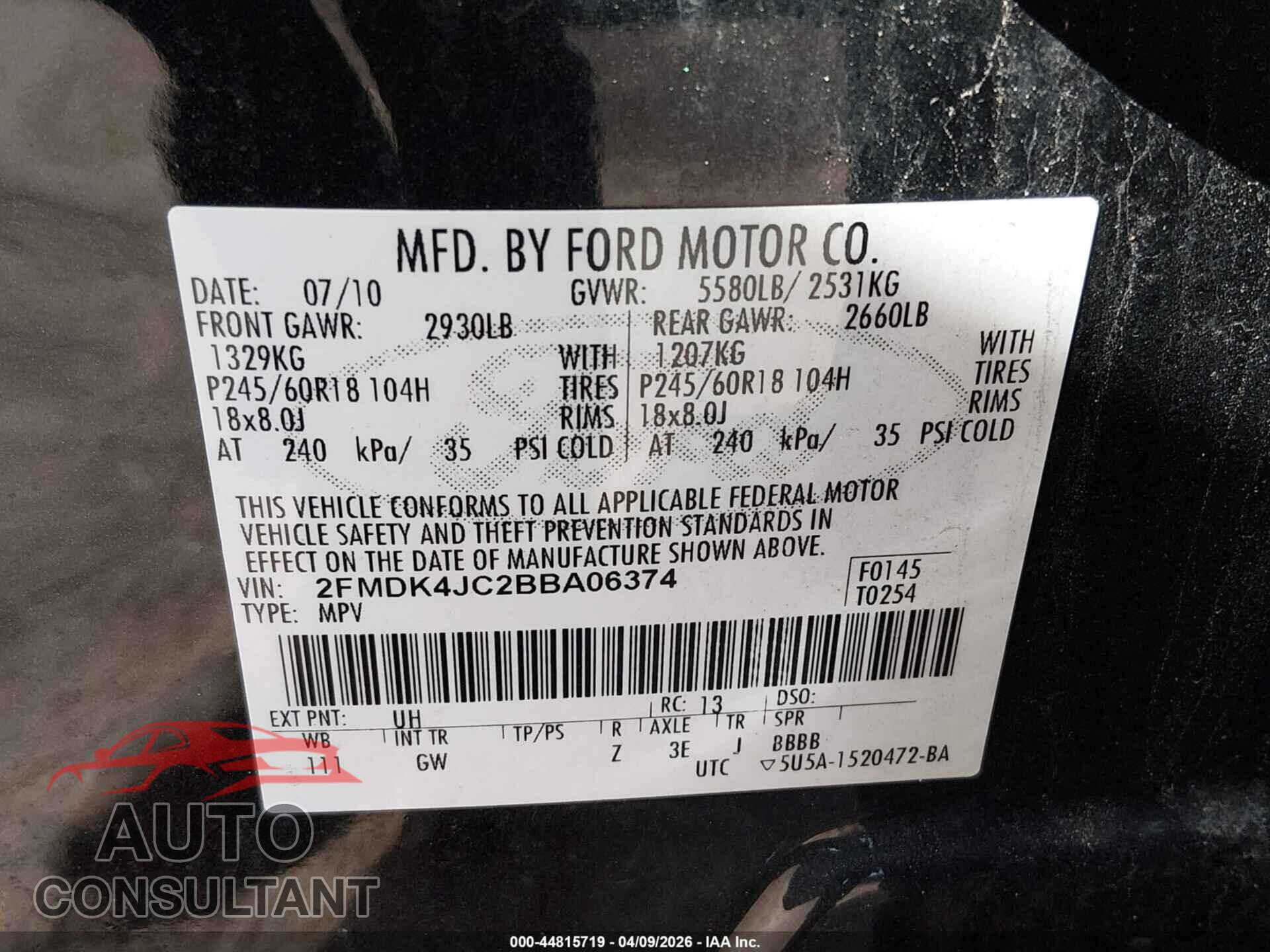 FORD EDGE 2011 - 2FMDK4JC2BBA06374