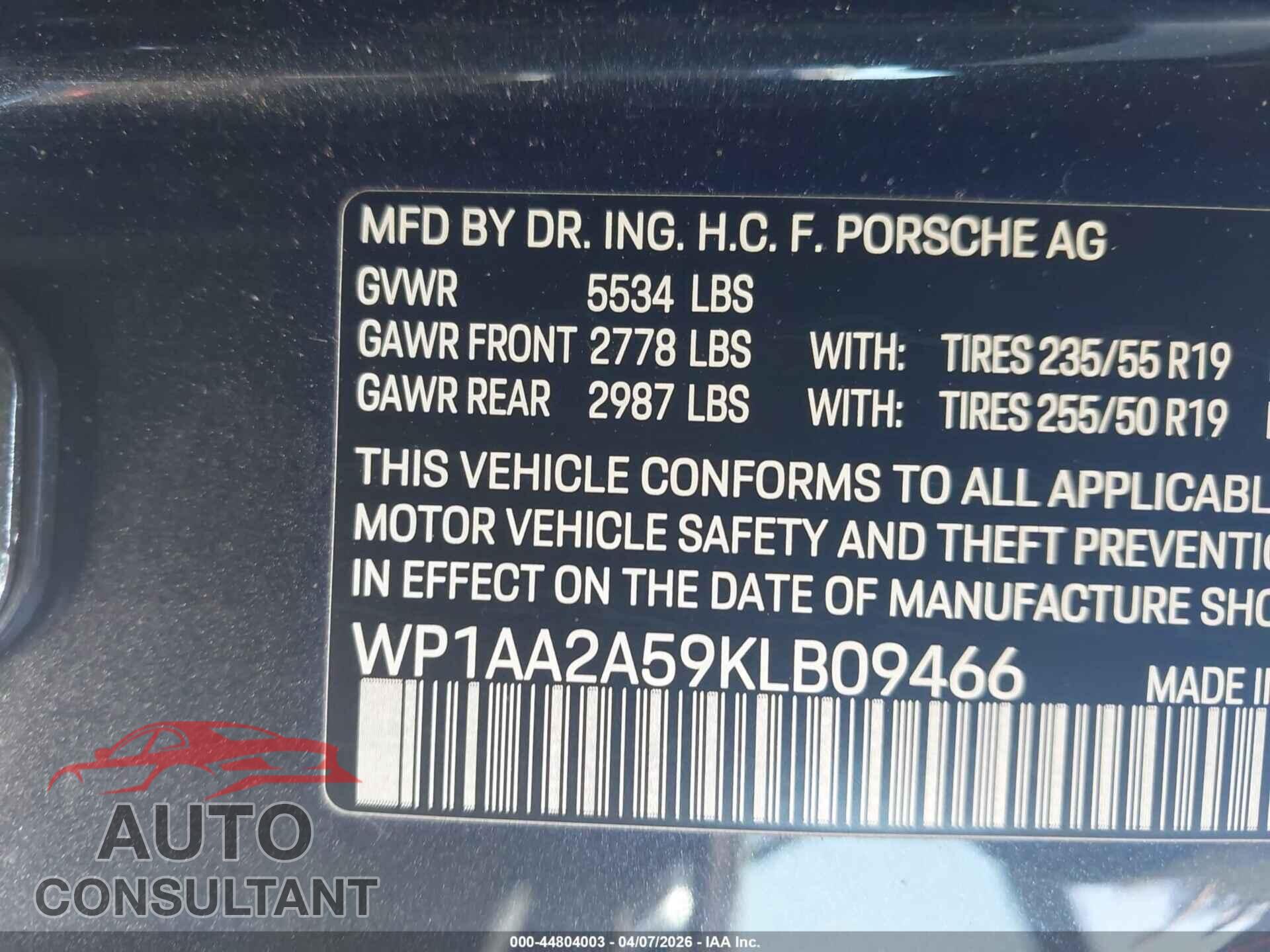 PORSCHE MACAN 2019 - WP1AA2A59KLB09466