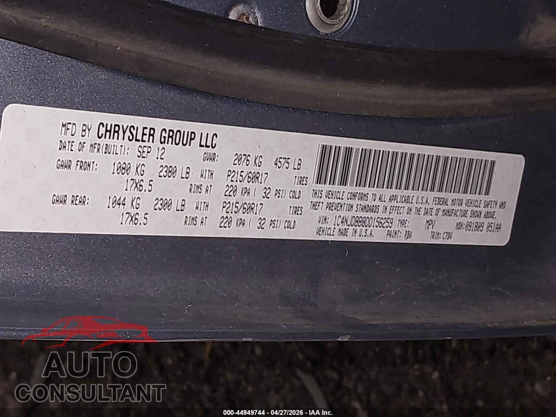 JEEP COMPASS 2013 - 1C4NJDBB8DD156259
