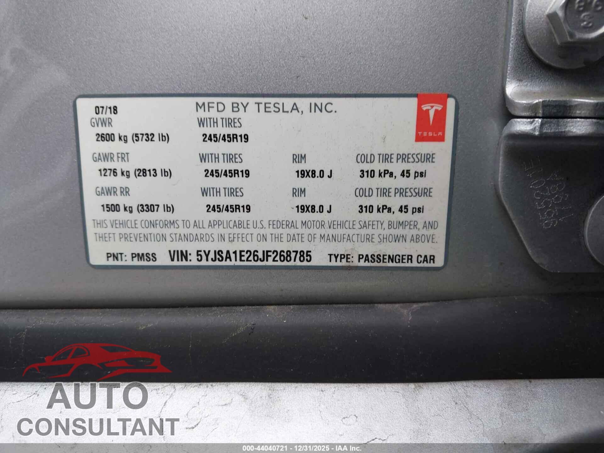 TESLA MODEL S 2018 - 5YJSA1E26JF268785