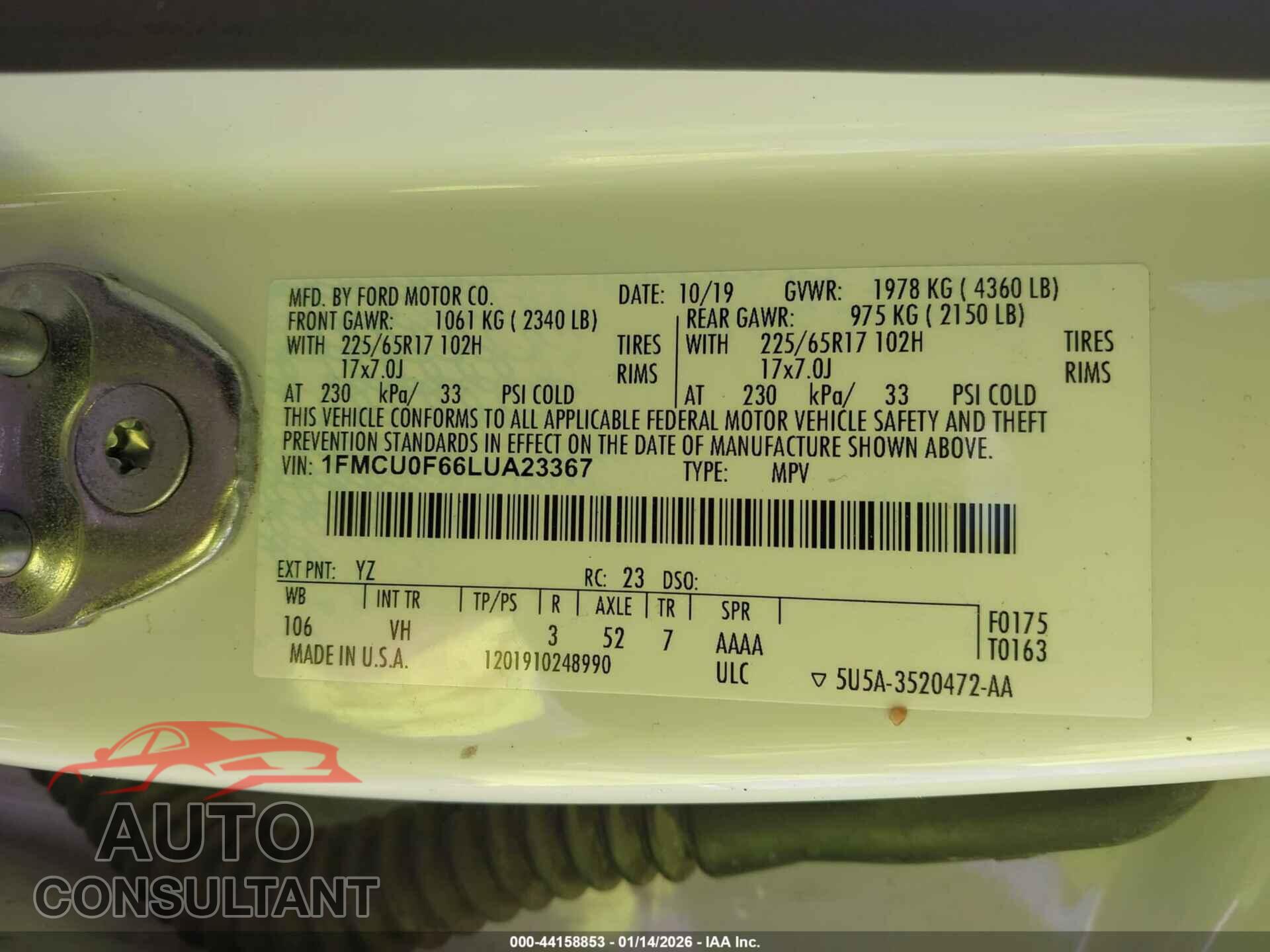 FORD ESCAPE 2020 - 1FMCU0F66LUA23367