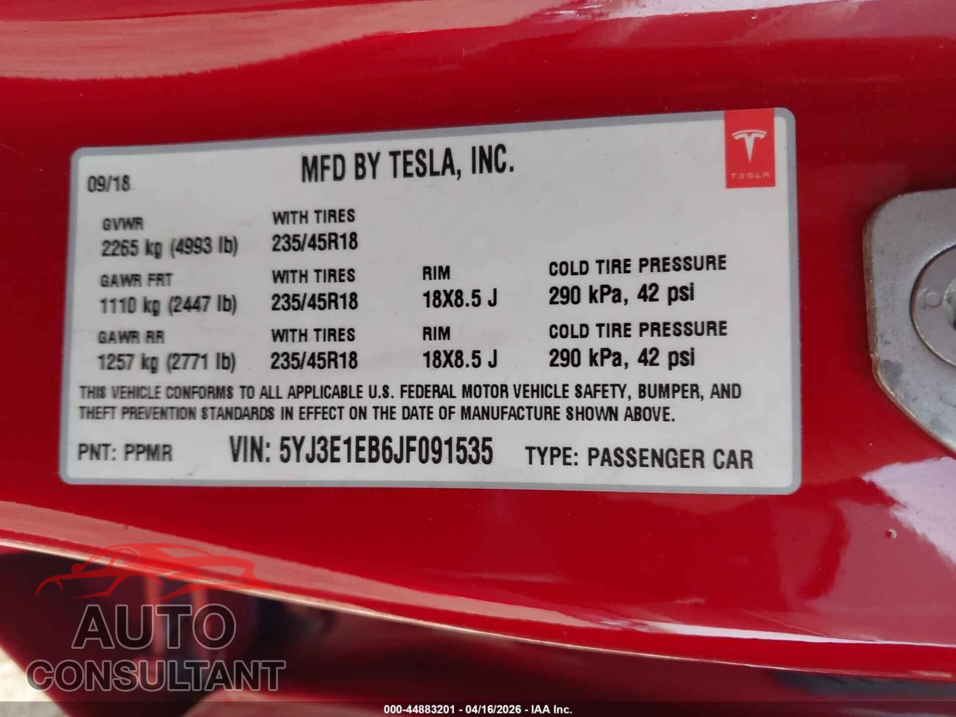 TESLA MODEL 3 2018 - 5YJ3E1EB6JF091535