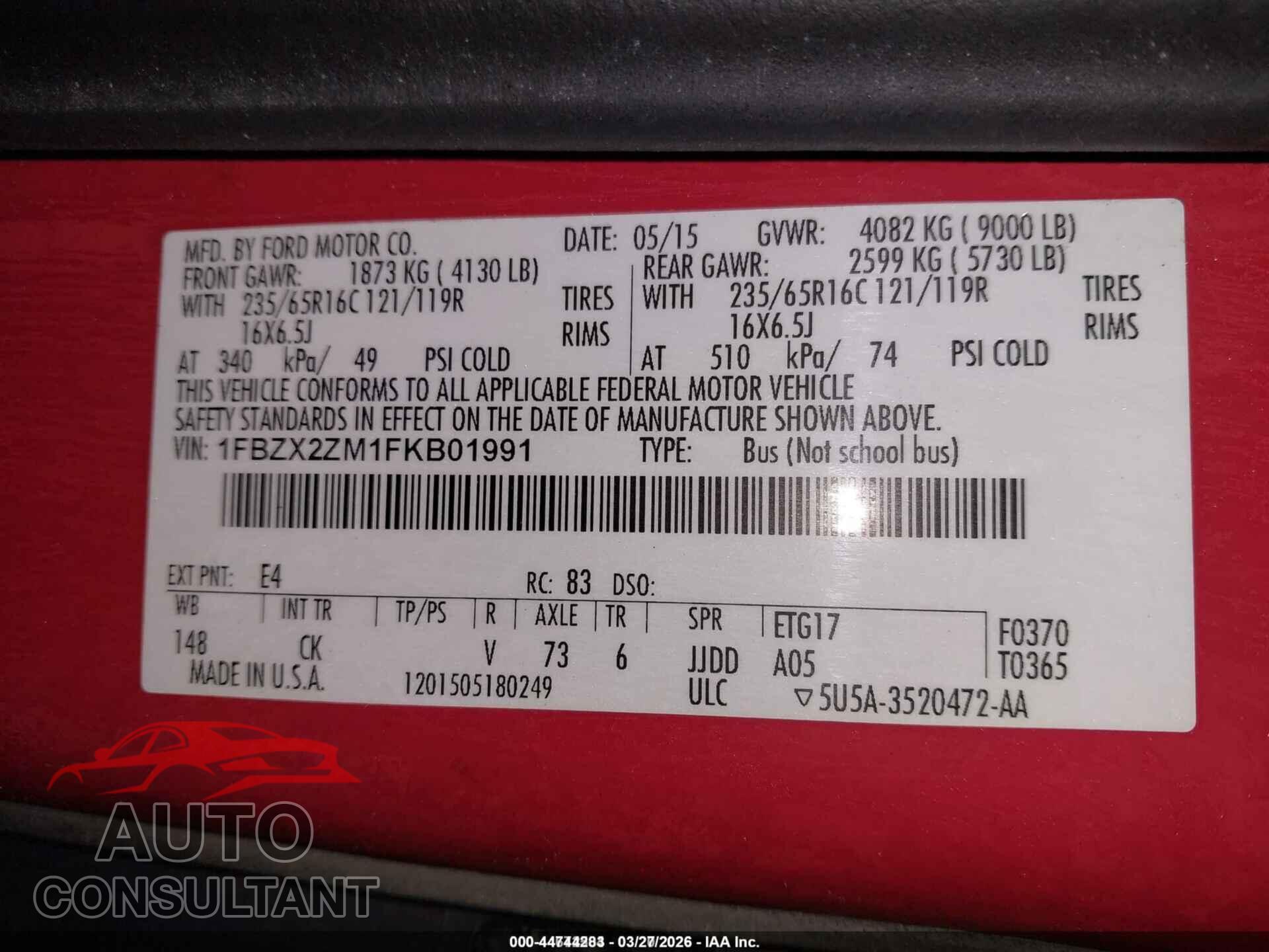 FORD TRANSIT-350 2015 - 1FBZX2ZM1FKB01991