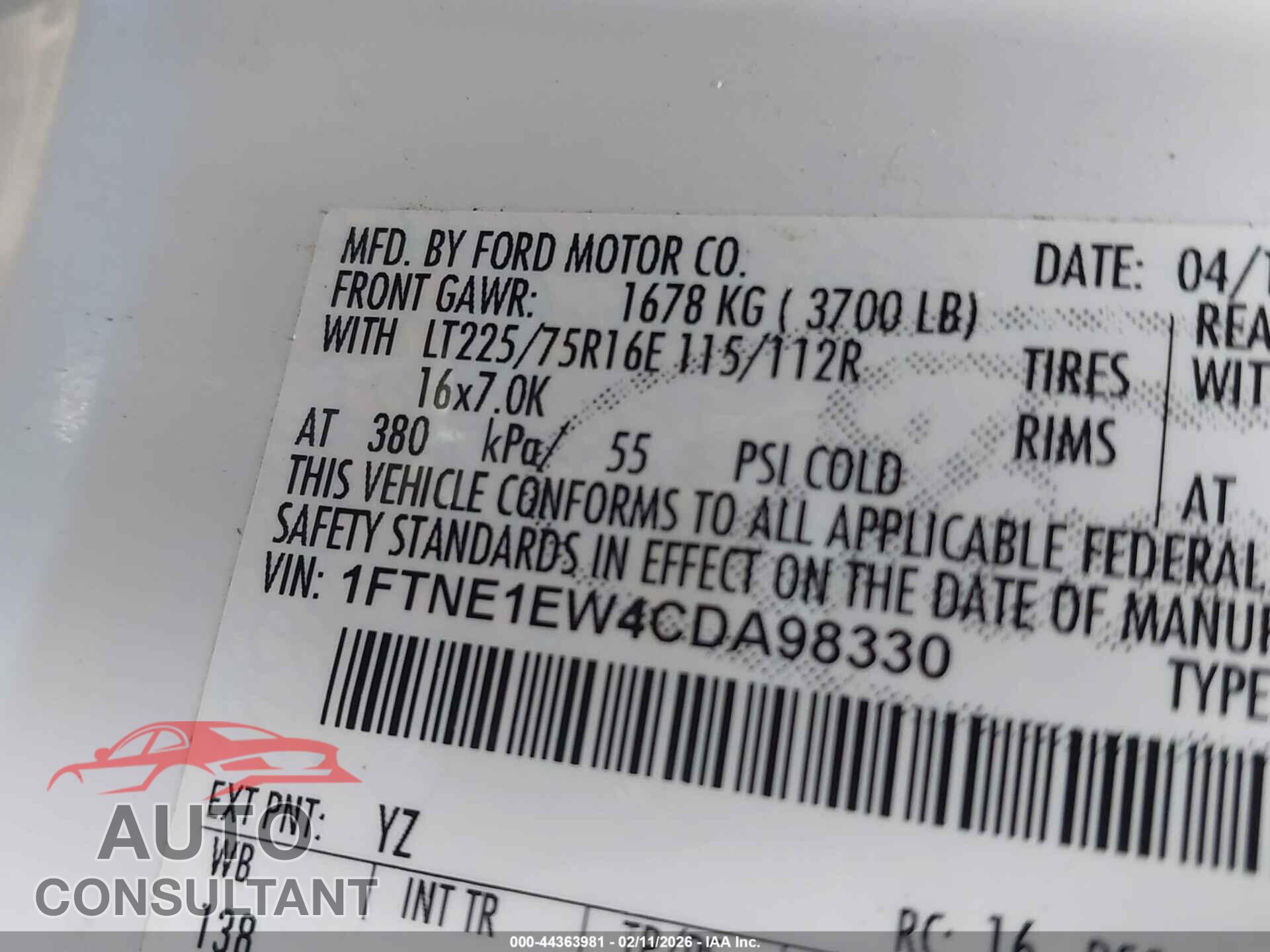 FORD E-150 2012 - 1FTNE1EW4CDA98330