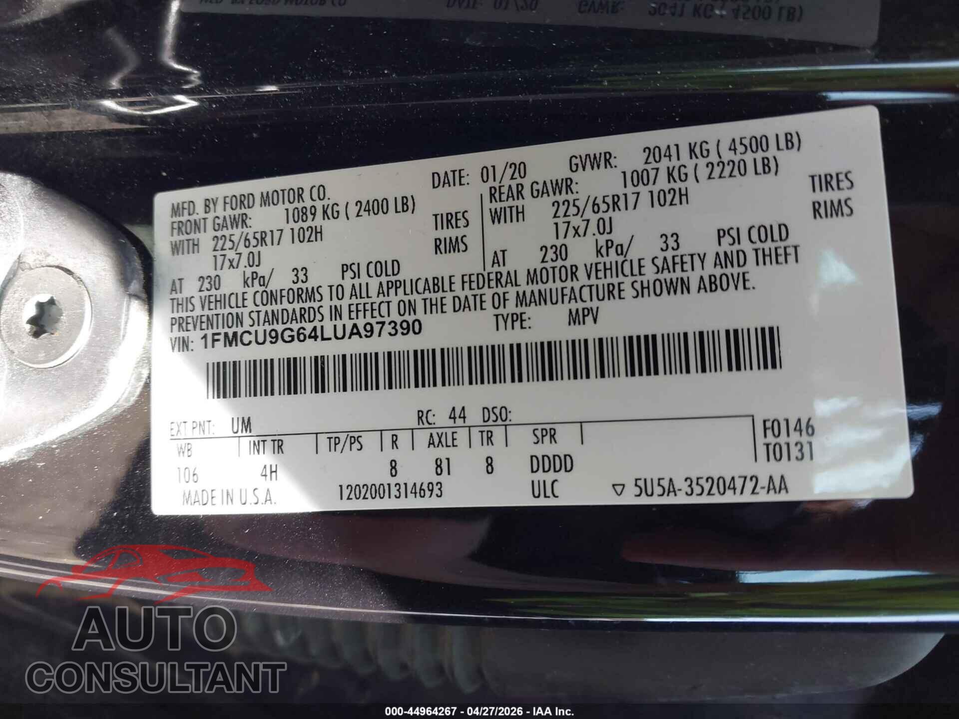 FORD ESCAPE 2020 - 1FMCU9G64LUA97390