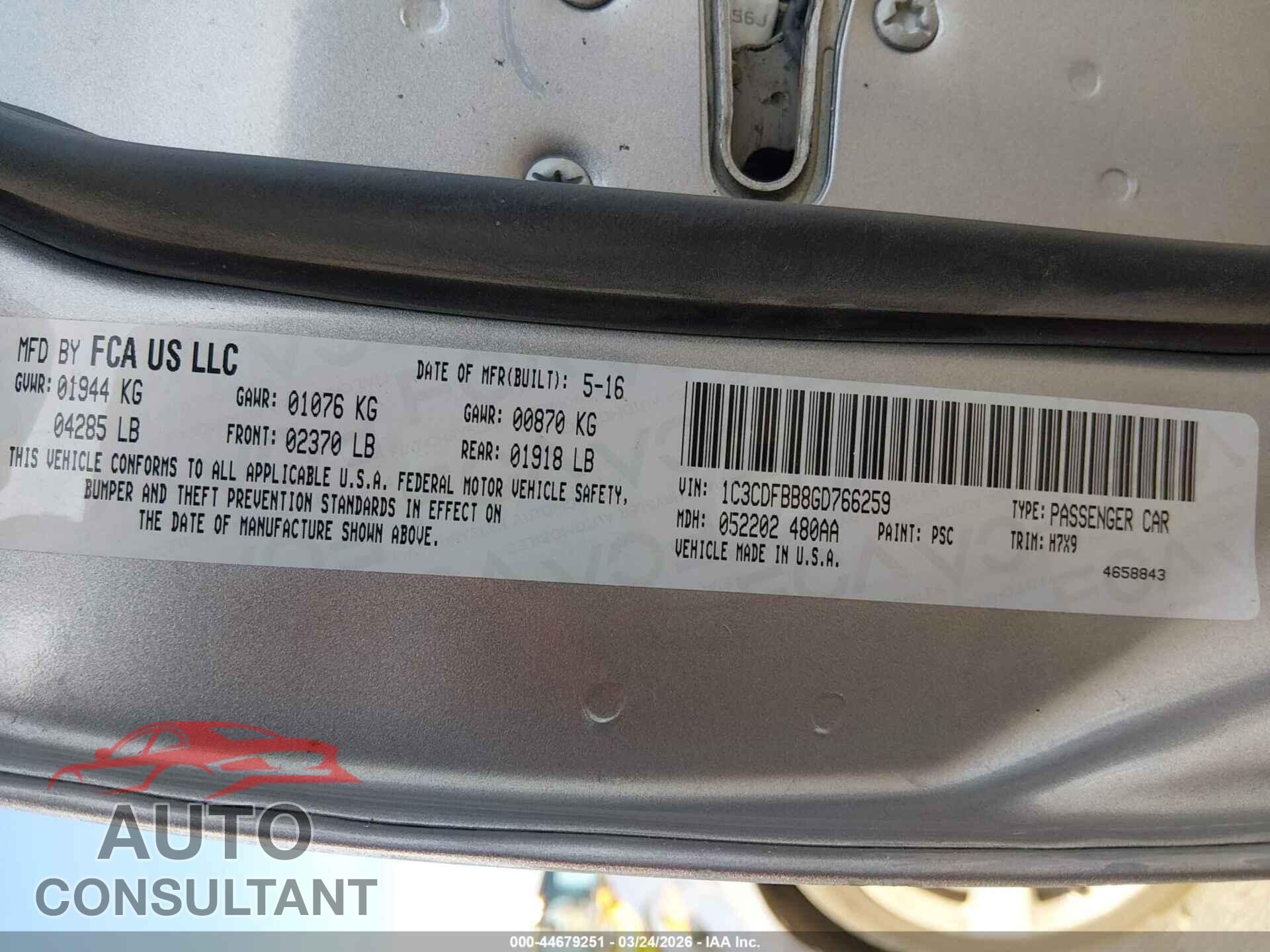 DODGE DART 2016 - 1C3CDFBB8GD766259