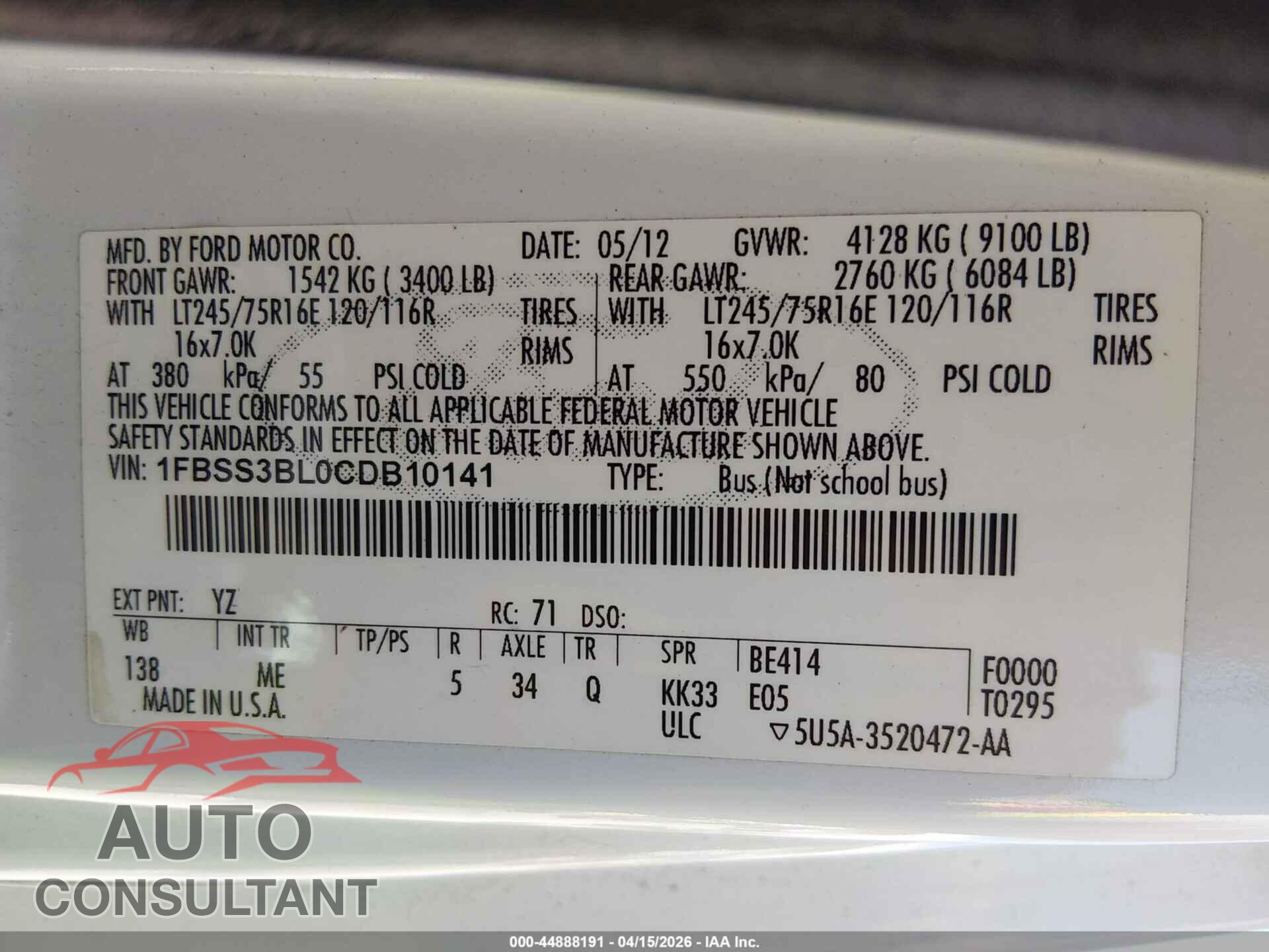 FORD E-350 SUPER DUTY 2012 - 1FBSS3BL0CDB10141