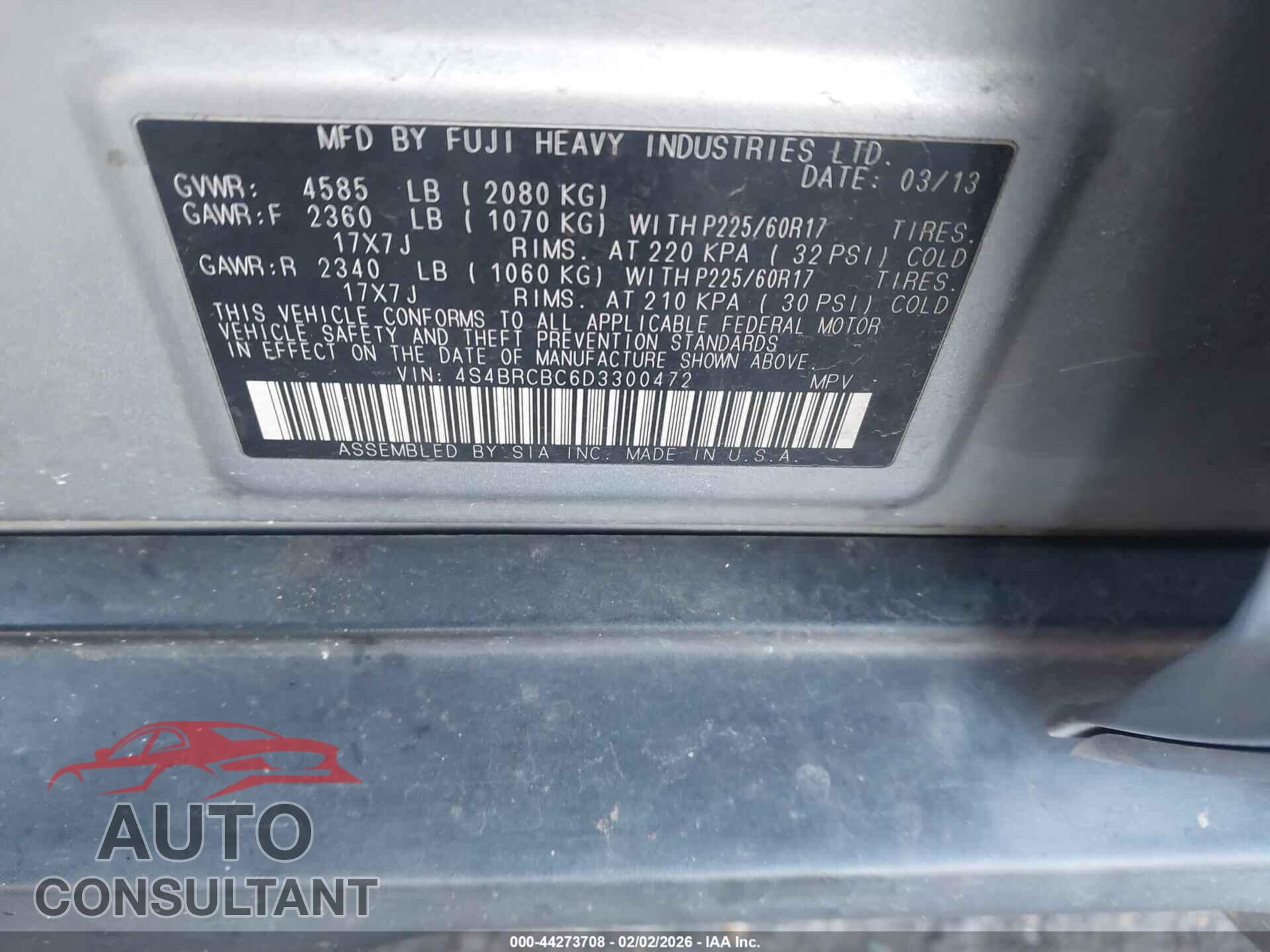 SUBARU OUTBACK 2013 - 4S4BRCBC6D3300472