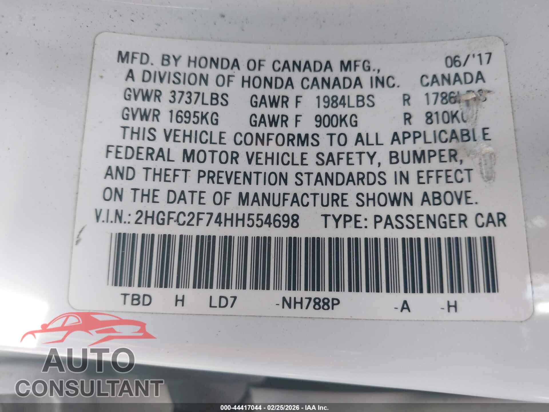 HONDA CIVIC 2017 - 2HGFC2F74HH554698