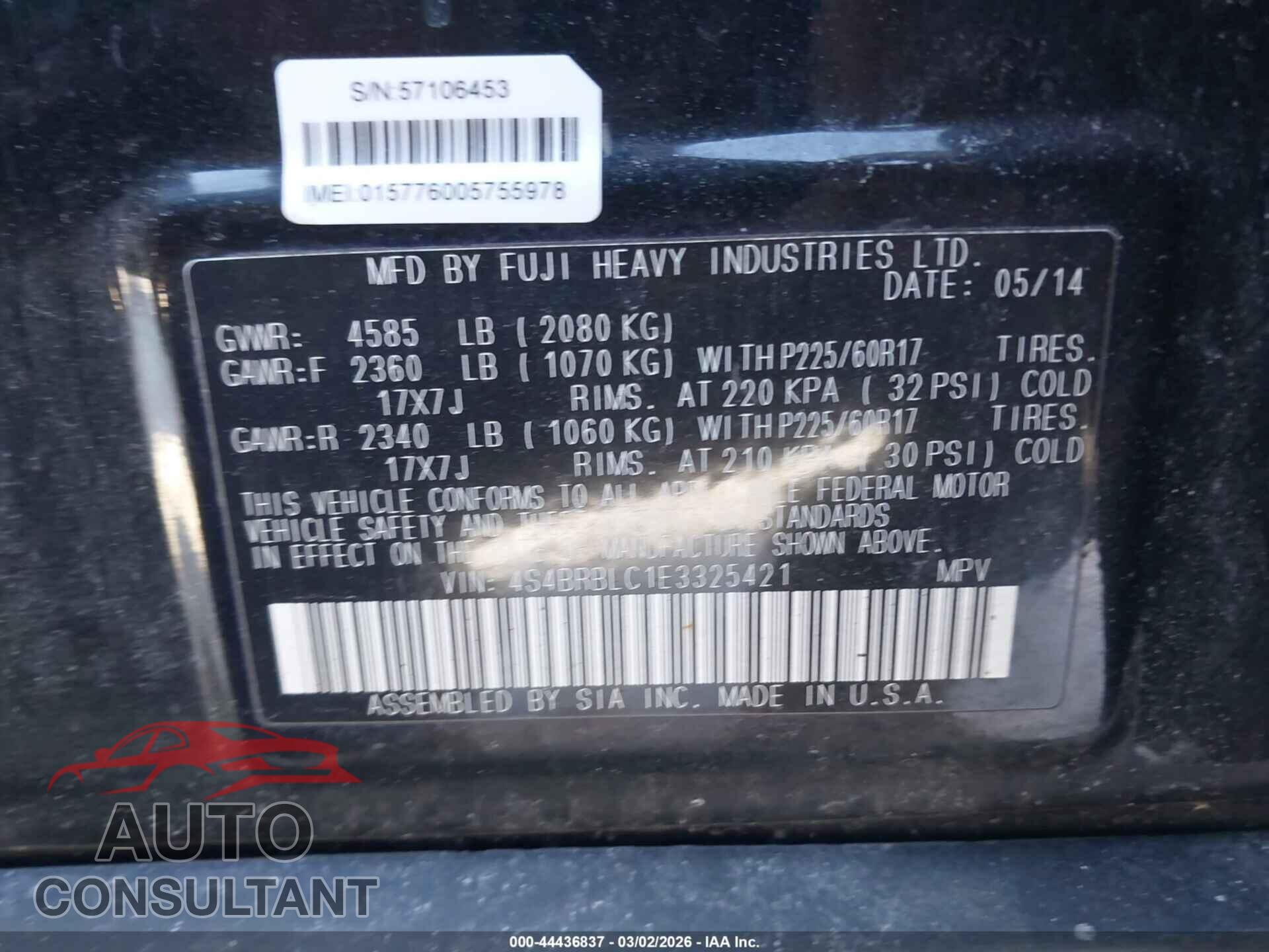 SUBARU OUTBACK 2014 - 4S4BRBLC1E3325421
