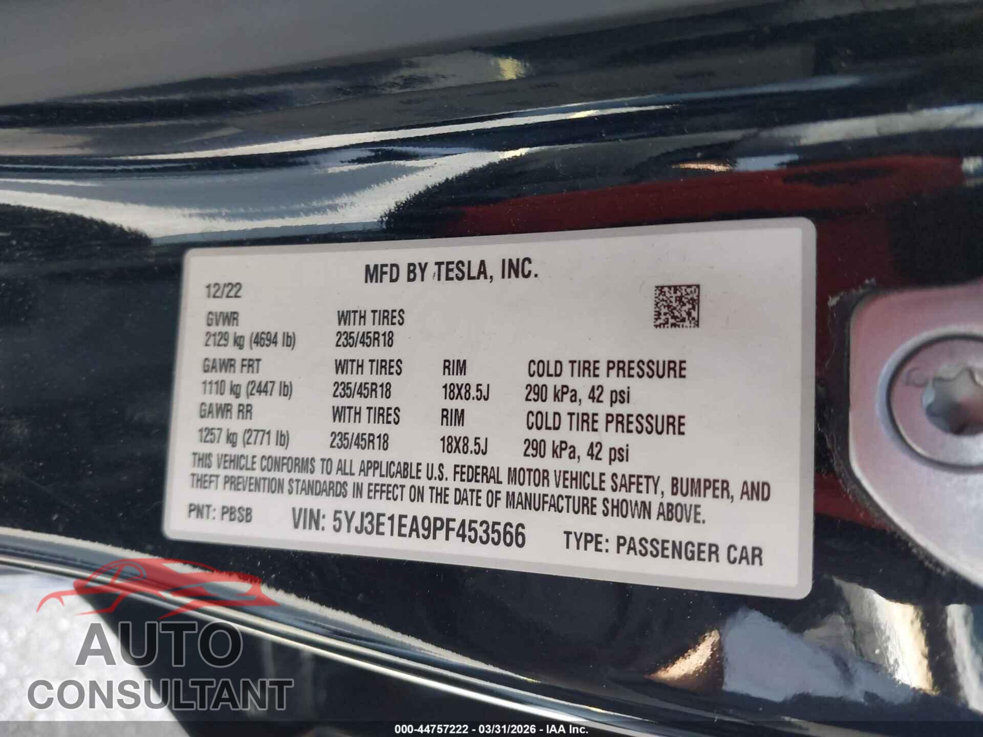 TESLA MODEL 3 2023 - 5YJ3E1EA9PF453566