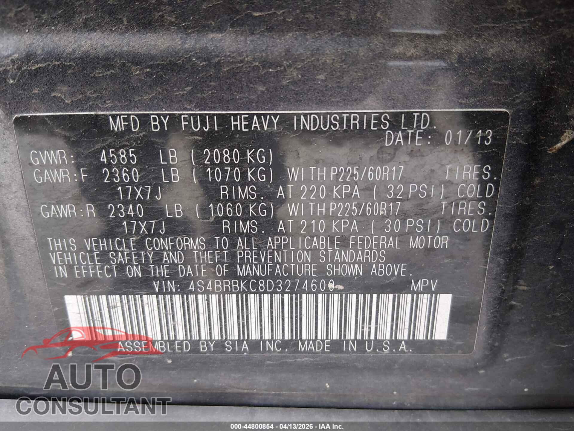 SUBARU OUTBACK 2013 - 4S4BRBKC8D3274600