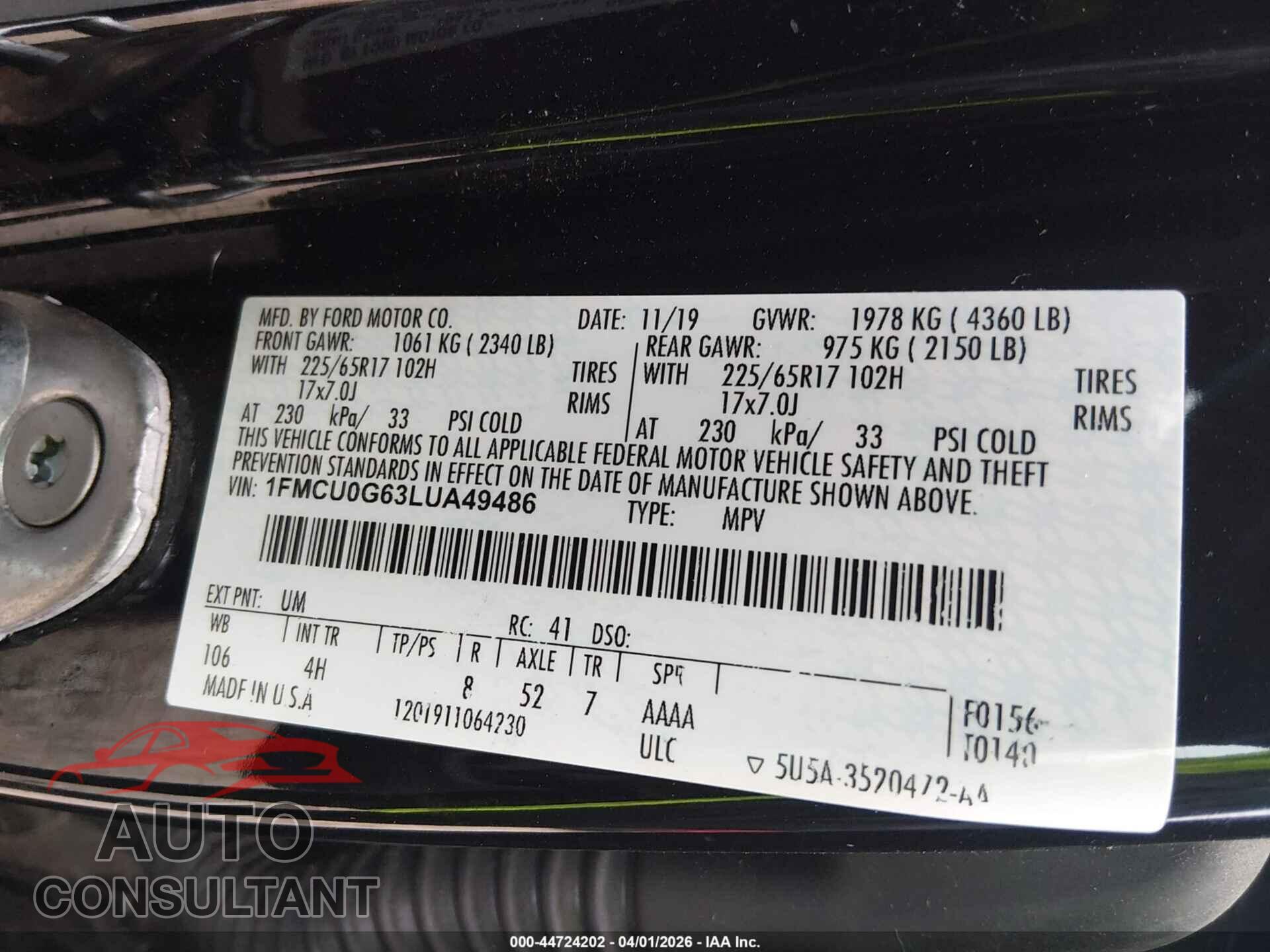 FORD ESCAPE 2020 - 1FMCU0G63LUA49486