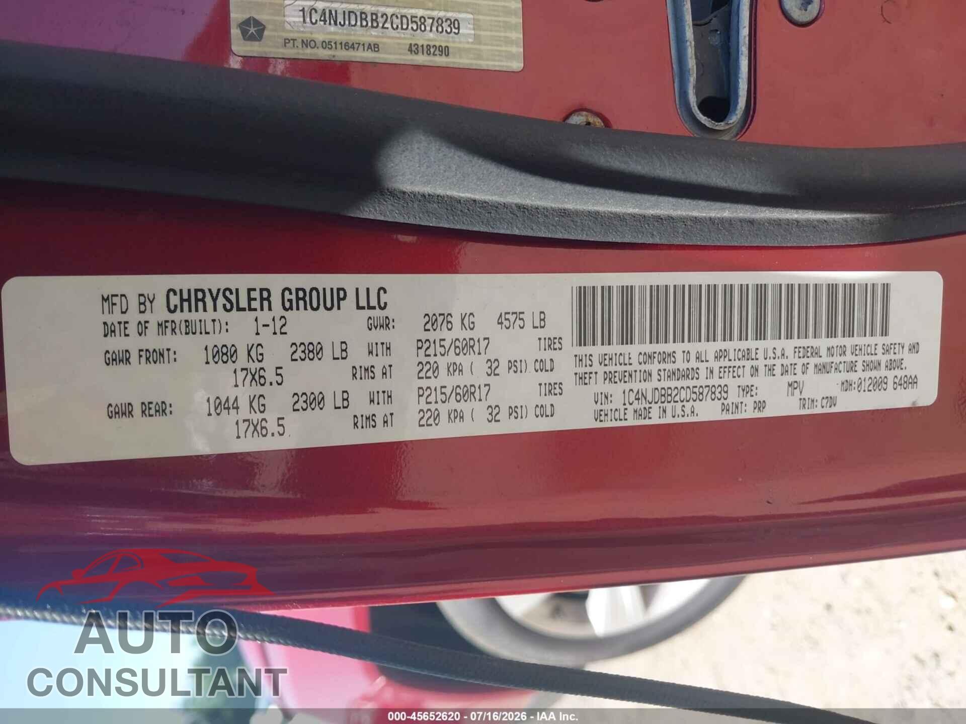 JEEP COMPASS 2012 - 1C4NJDBB2CD587839